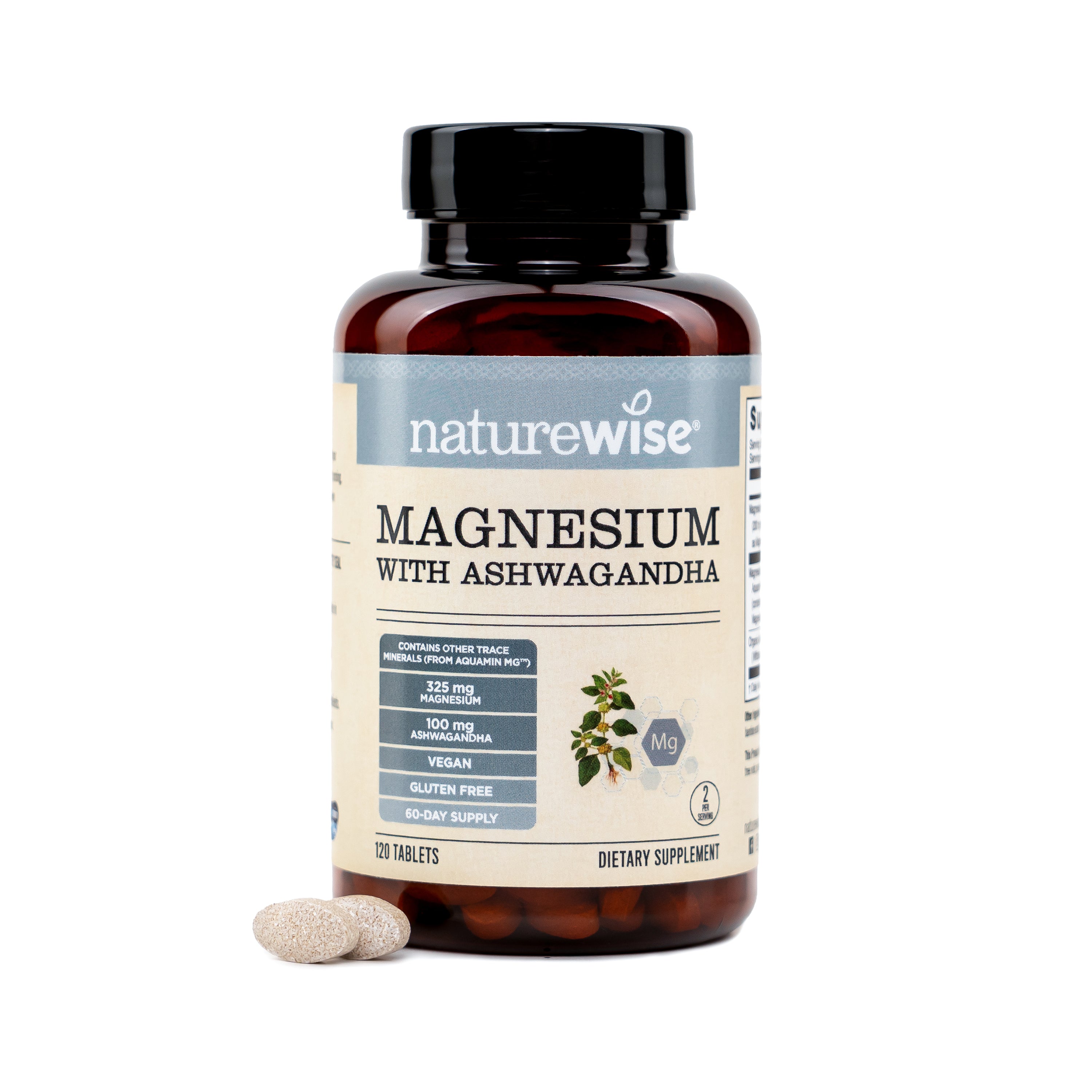 NatureWise magnesium with ashwagandha supplement bottle on a white background