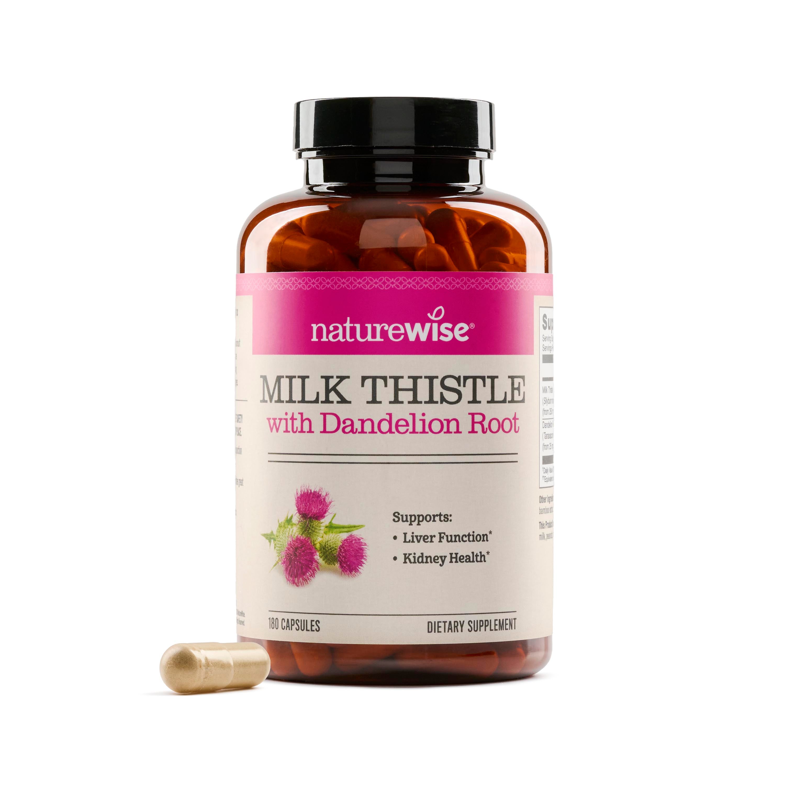 A bottle of NatureWise Milk Thistle with Dandelion Root, featuring a label with pink and white colors and an image of a milk thistle flower. There is a capsule visible in front of the bottle.