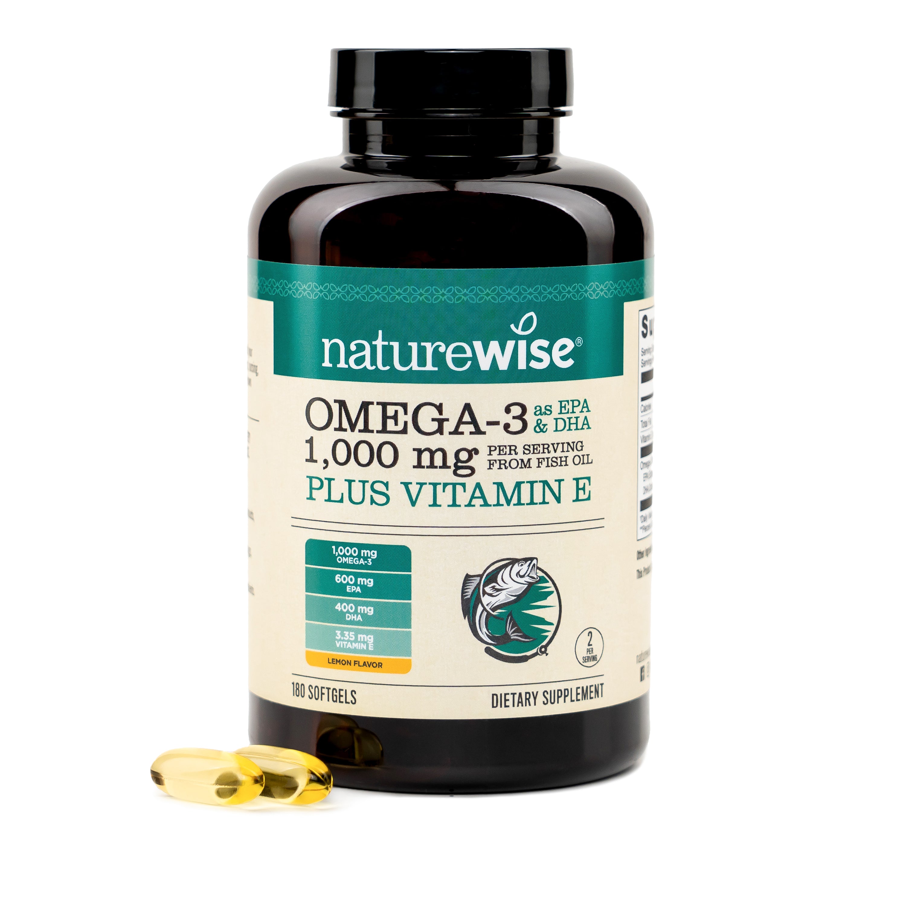 Naturewise Omega-3 plus Vitamin E 180 Count supplement bottle with two capsules on a white background