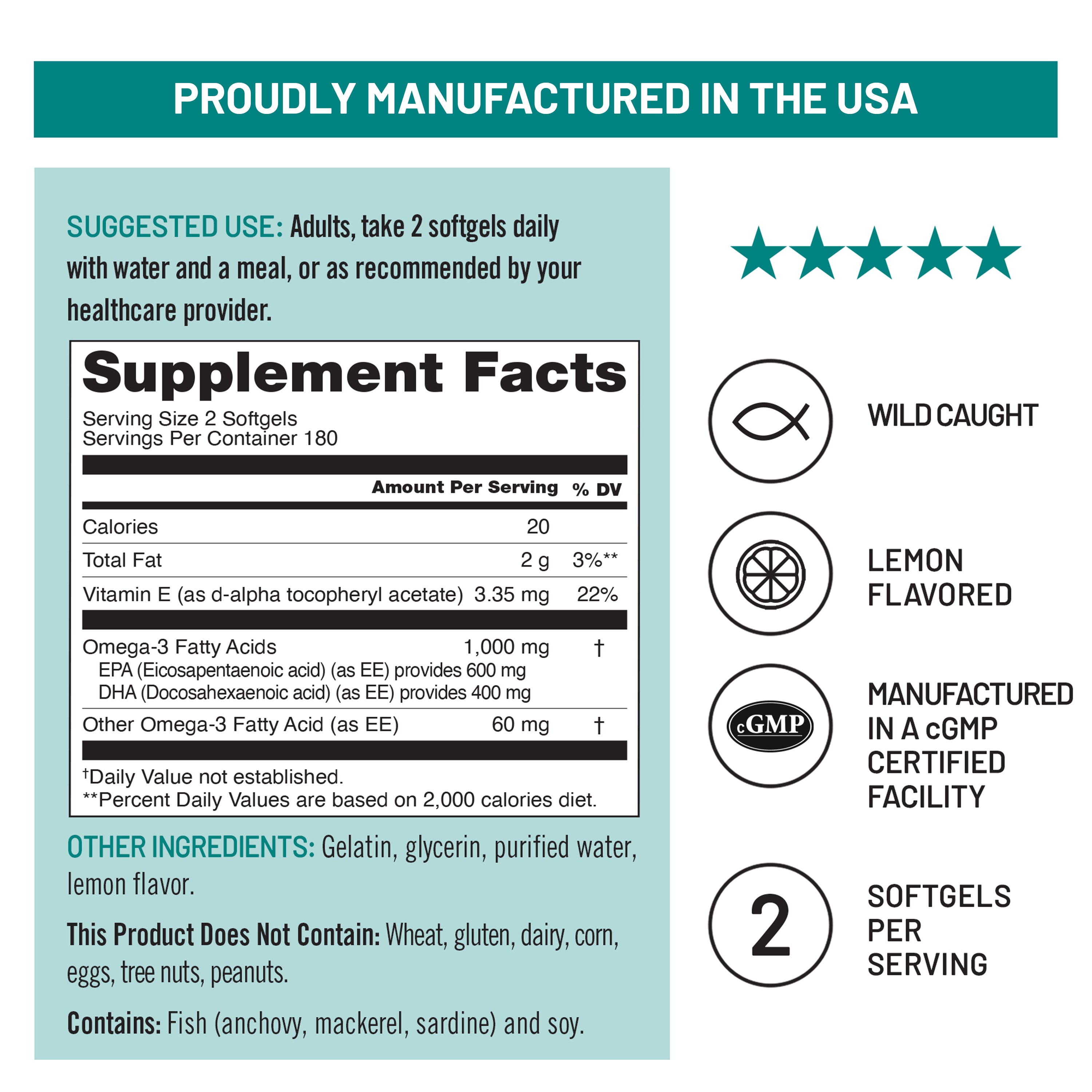 NatureWise Omega-3 1,000 mg plus Vitamin E 180 Count supplement label with facts and manufacturing details on a light blue background