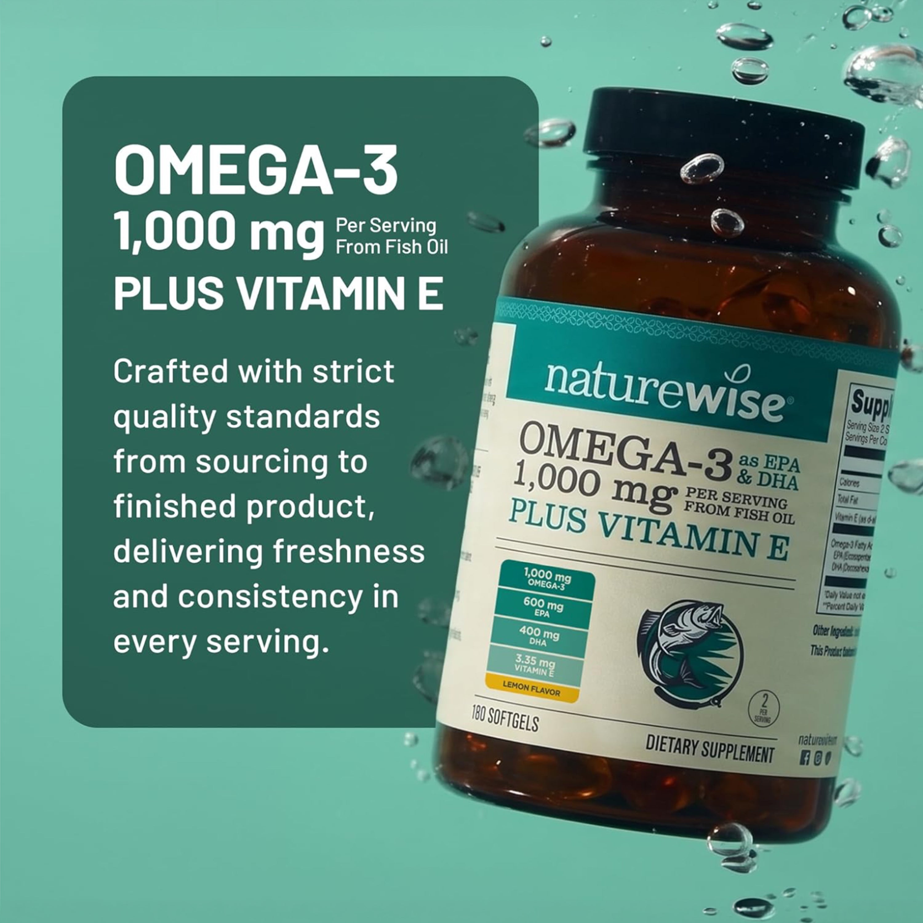 Naturewise Omega-3 1000mg plus Vitamin E supplement bottle with text on a teal background