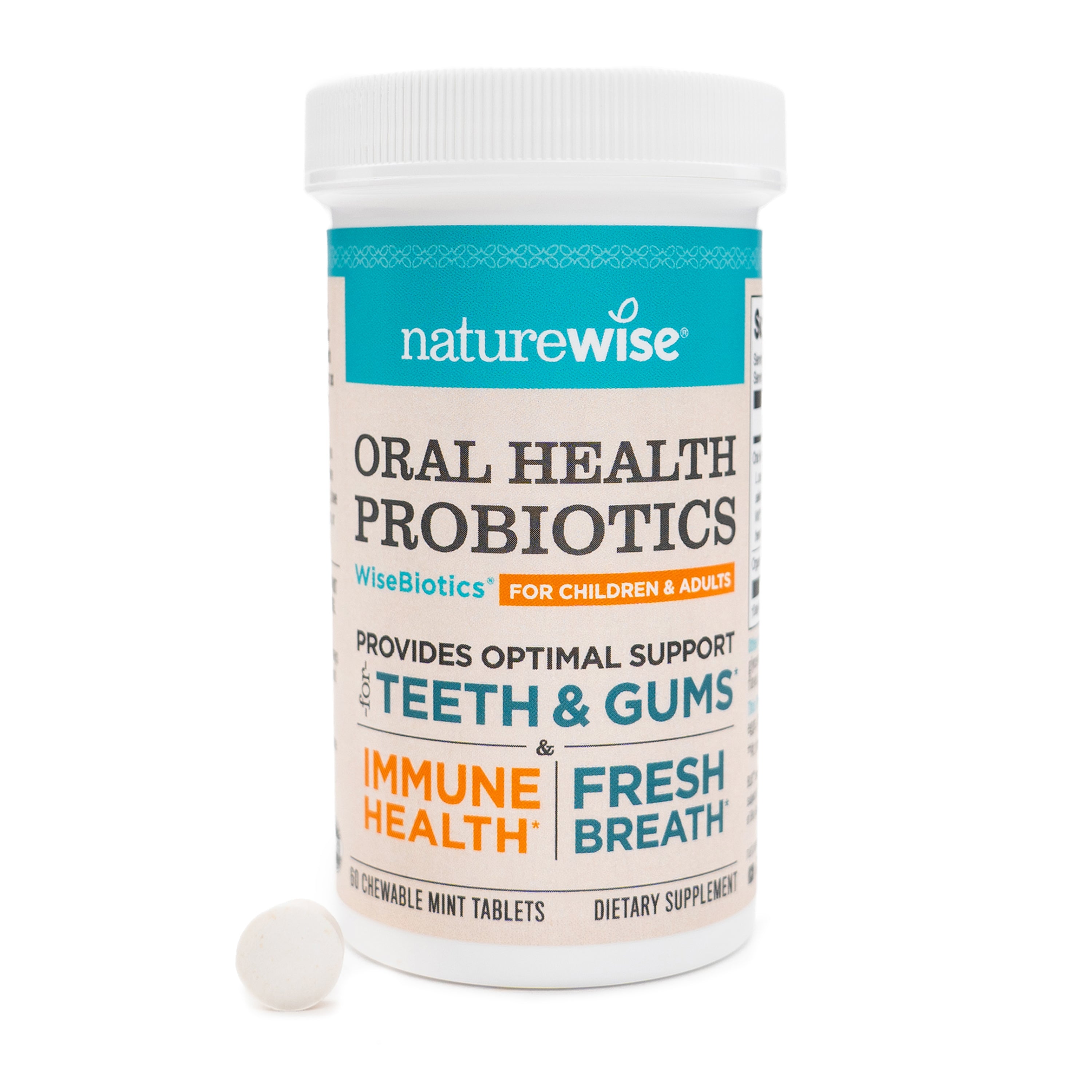 Naturewise oral health probiotics supplement with a white background