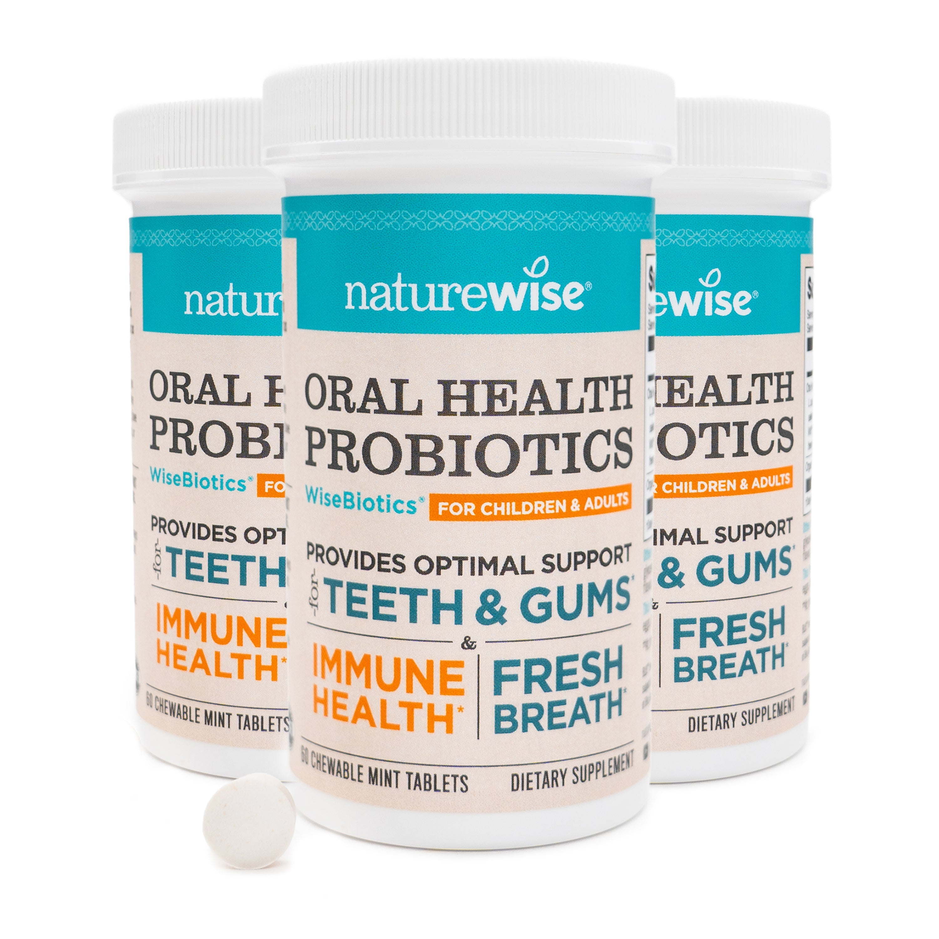 Three containers of Naturewise Oral Health Probiotics on a white background