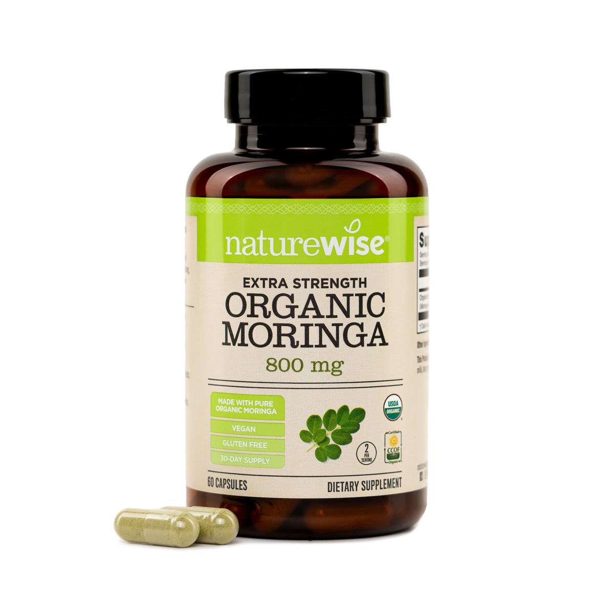 A bottle of NatureWise Extra Strength Organic Moringa 800 mg dietary supplement with two capsules in front, on a white background.