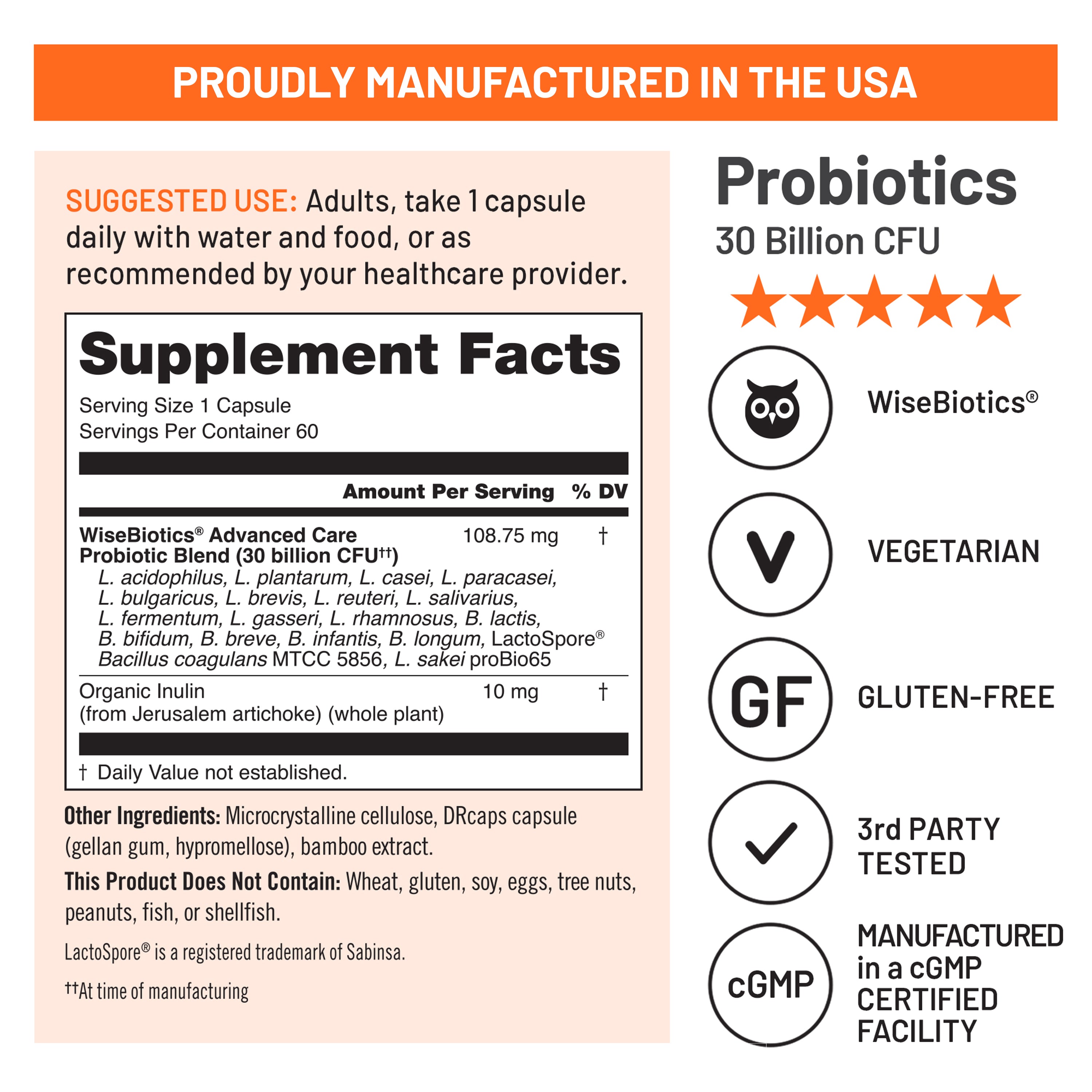 Supplement label for NatureWise Max Care probiotic capsules with ingredients and certification details.