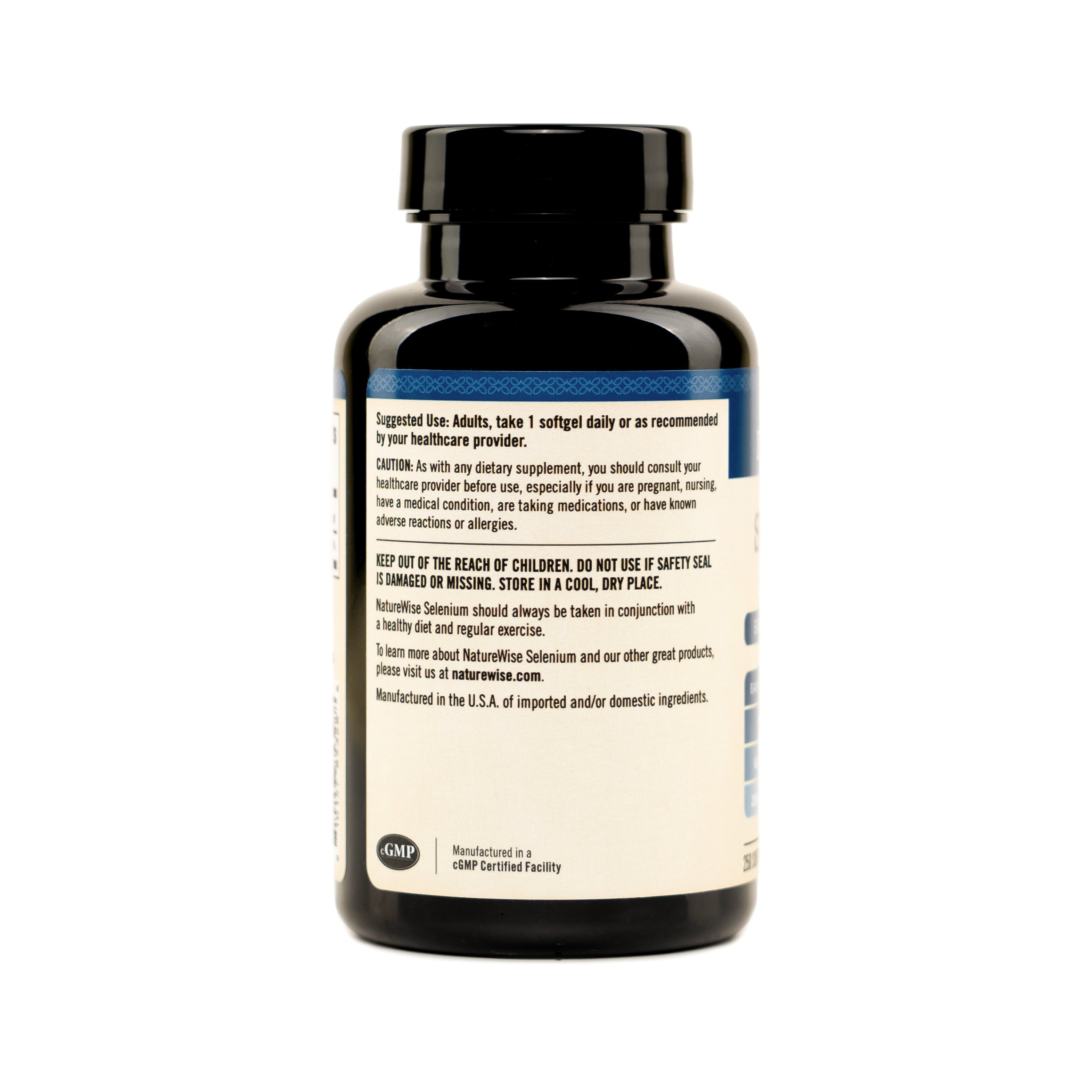 A black supplement bottle shown from the back, featuring a white label with black text and a blue band near the top. The cap is black and the bottle is photographed on a clean white background.