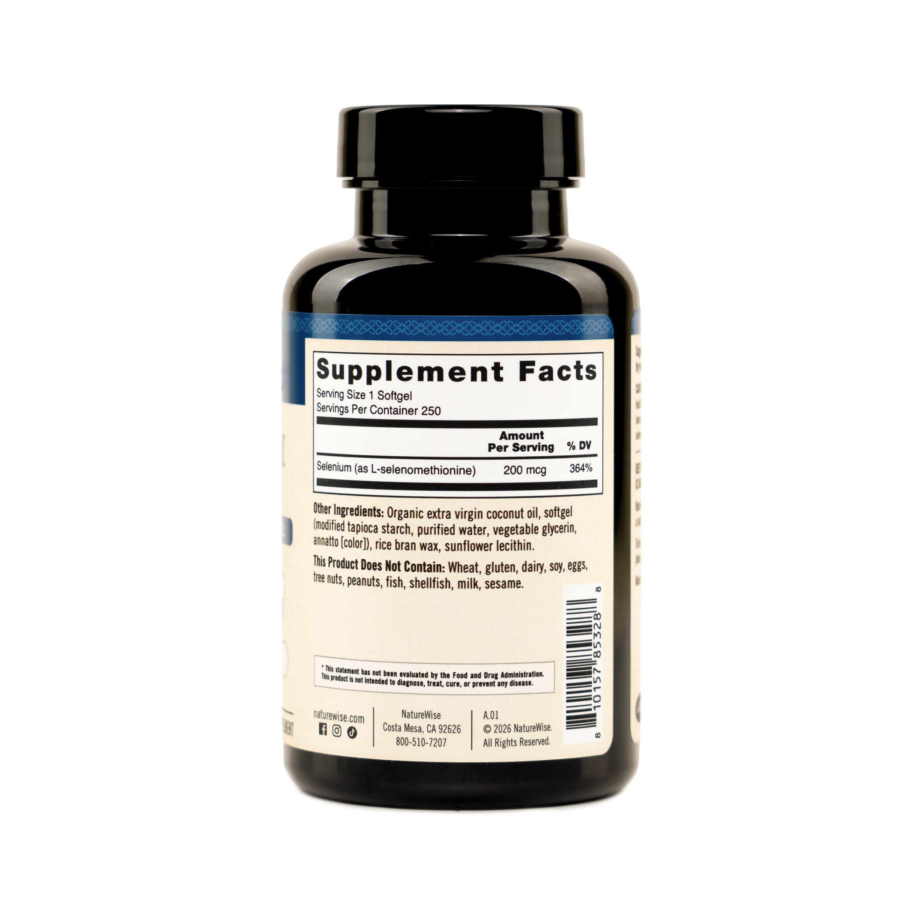 A black supplement bottle shown from the back, featuring a cream-colored label with 'Supplement Facts' printed in black and white text, set against a plain white background.