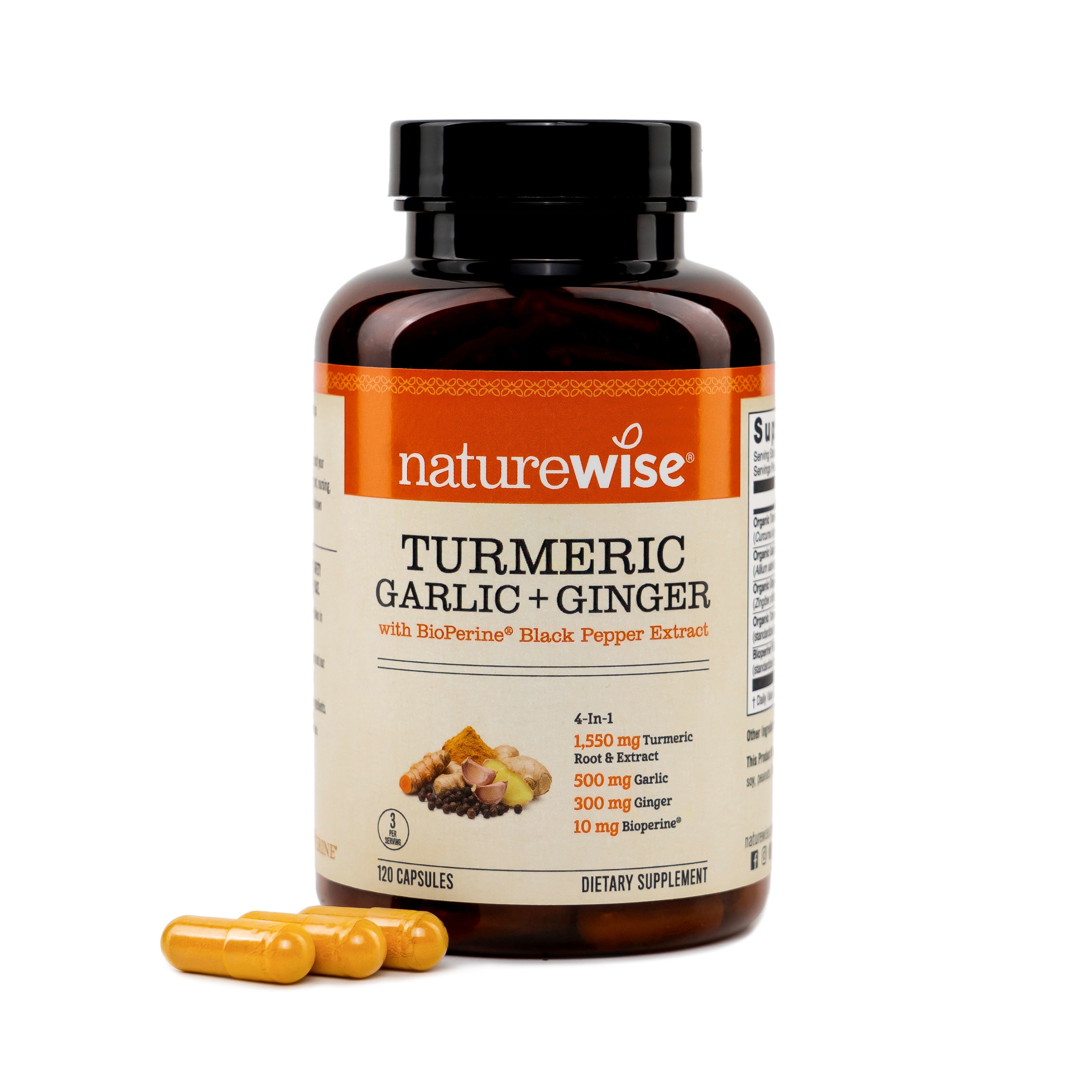 Naturewise Turmeric Garlic Ginger supplement bottle with capsules on a white background