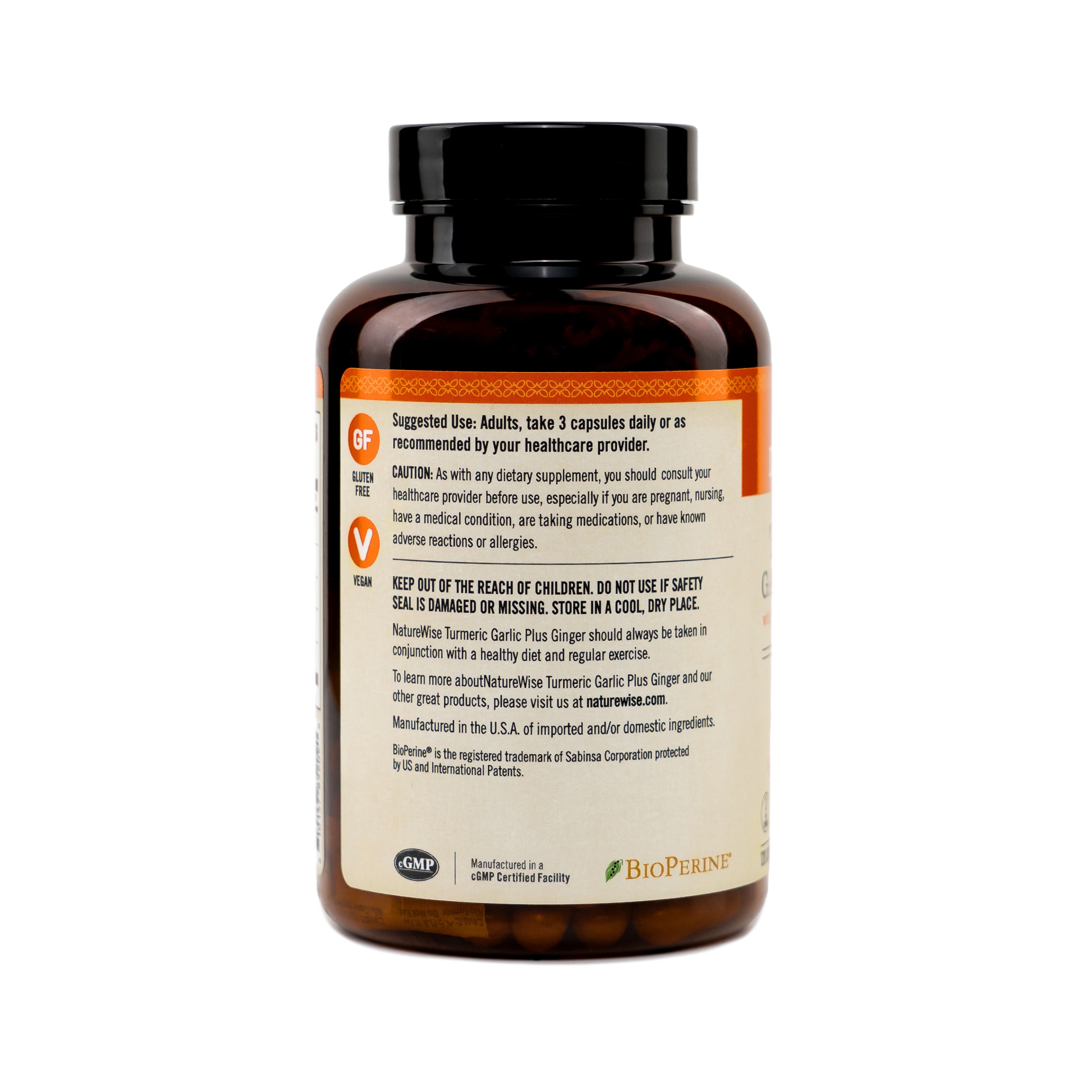 NatureWise Turmeric Garlic Ginger supplement bottle with suggested use on a white background