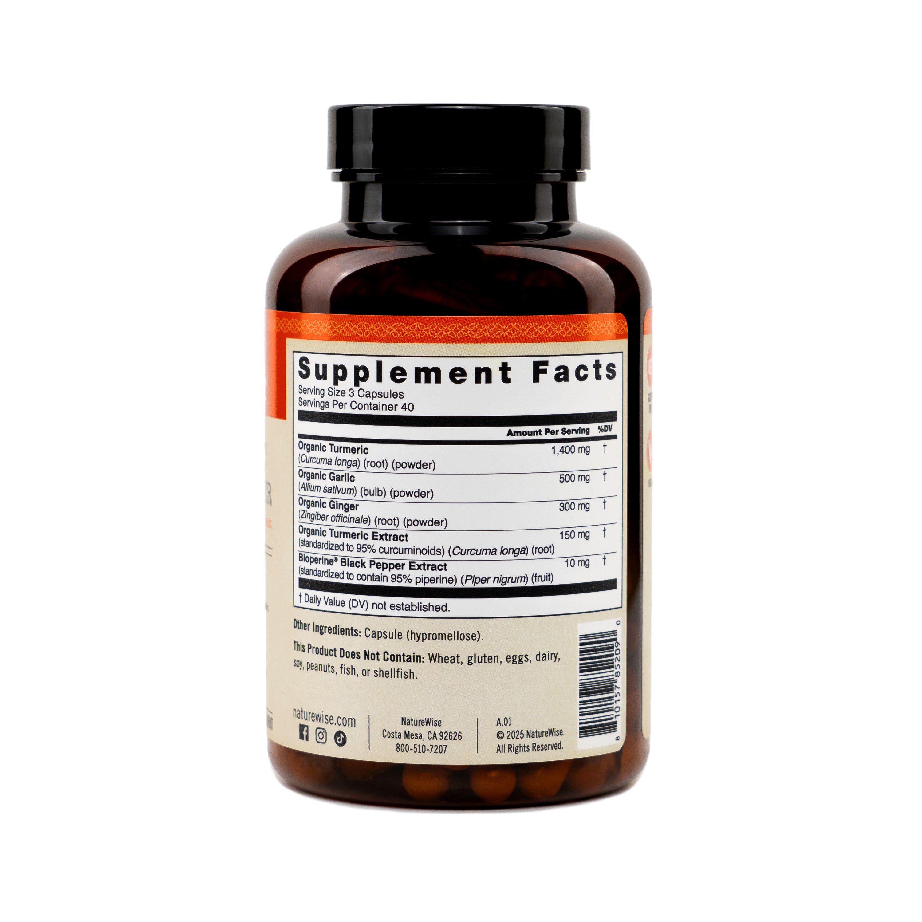 NatureWise Turmeric Garlic Ginger supplement bottle with supplement fact label on a white background
