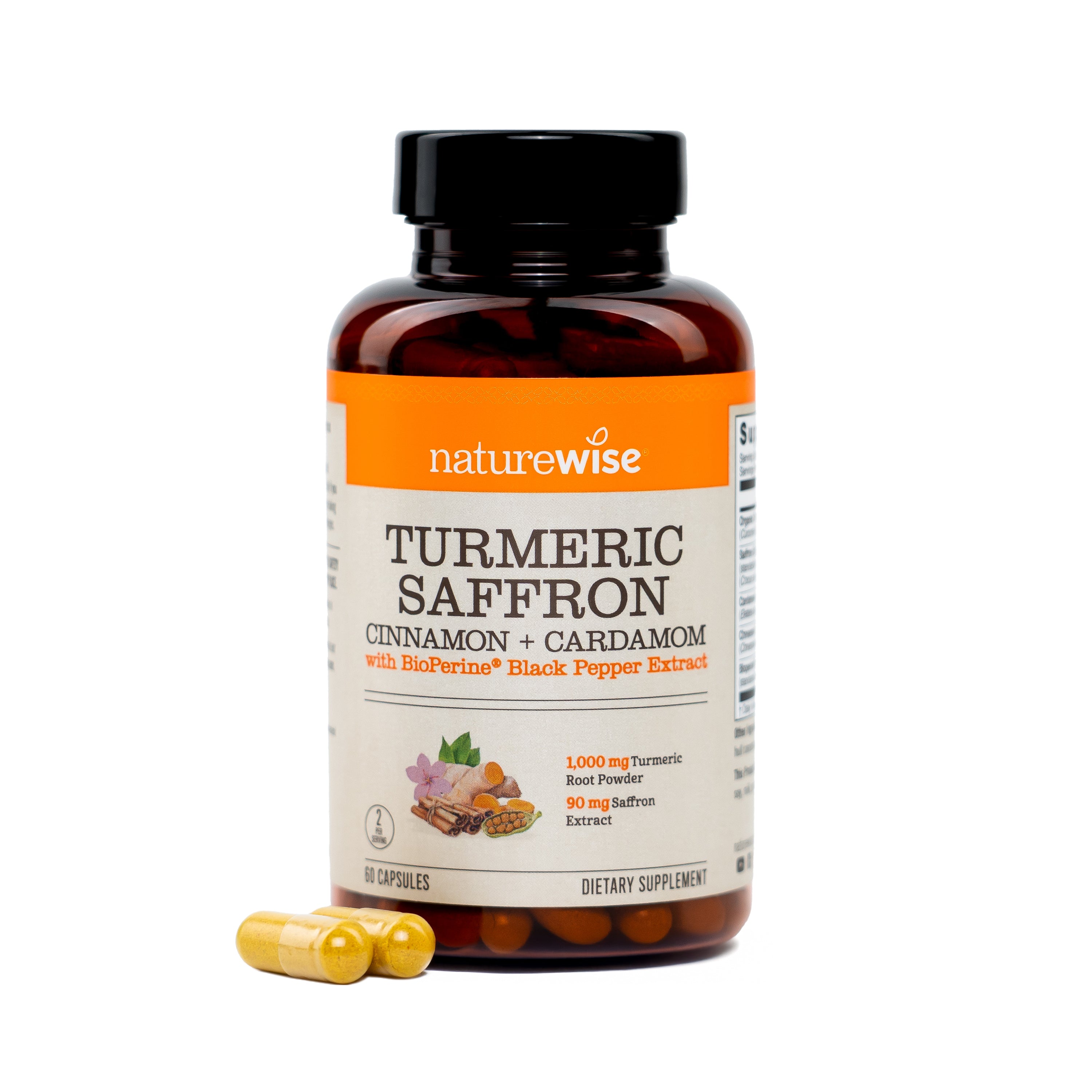 NatureWise Turmeric Saffron supplement bottle with capsules on a white background