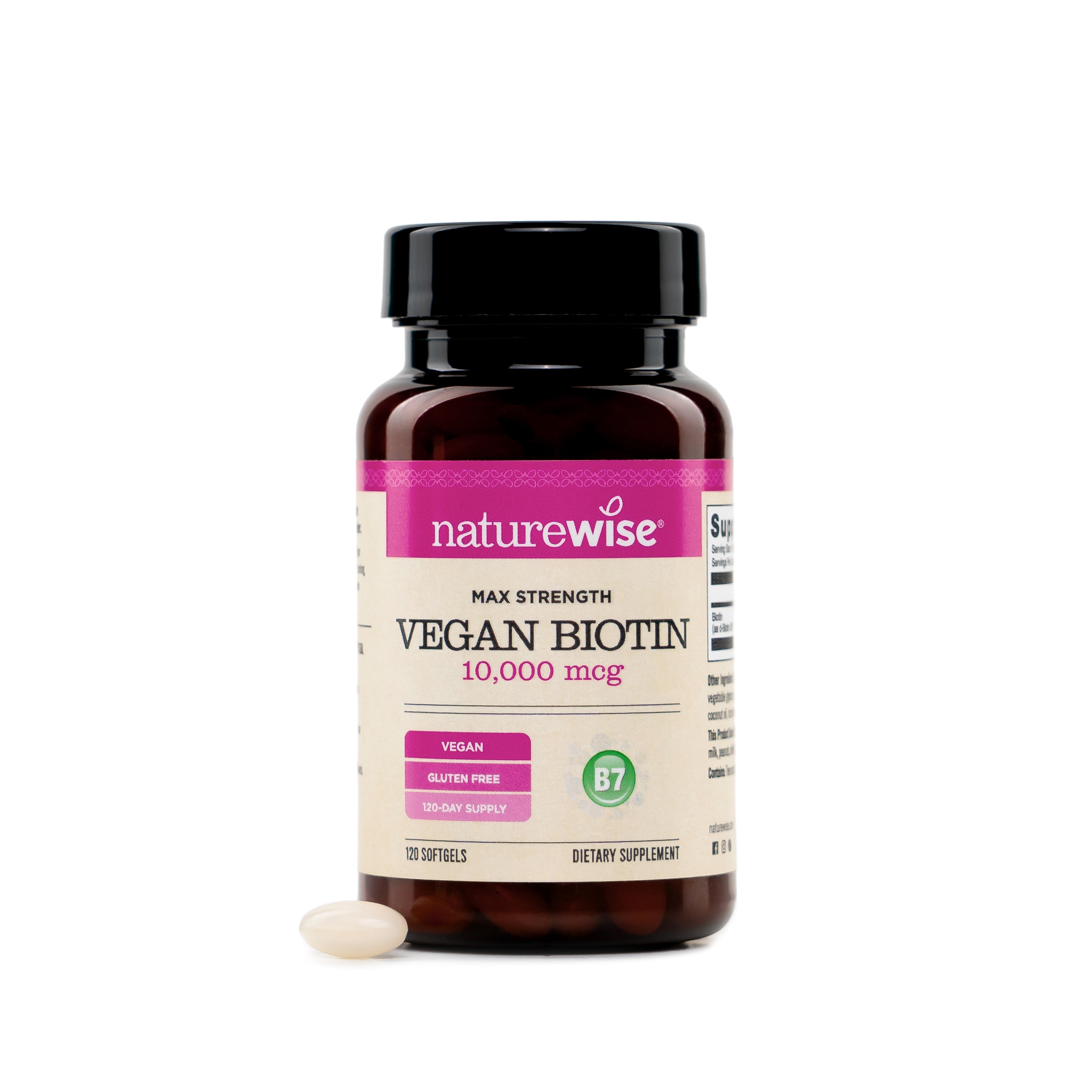 Naturewise Vegan Biotin 10,000 mcg supplement bottle with white softgel on a white background