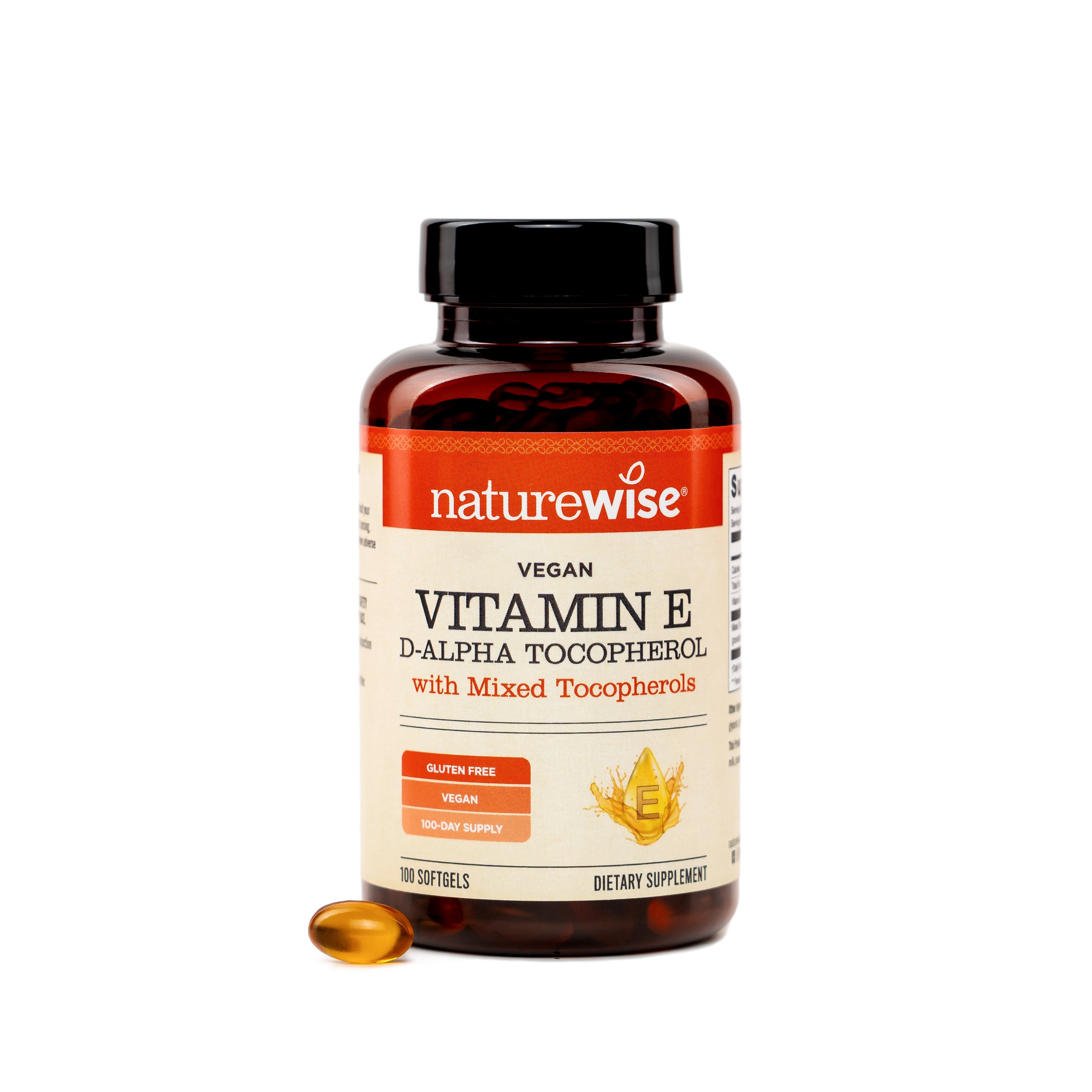 NatureWise Vegan Vitamin E D-Alpha Tocopherol supplement bottle on a white background