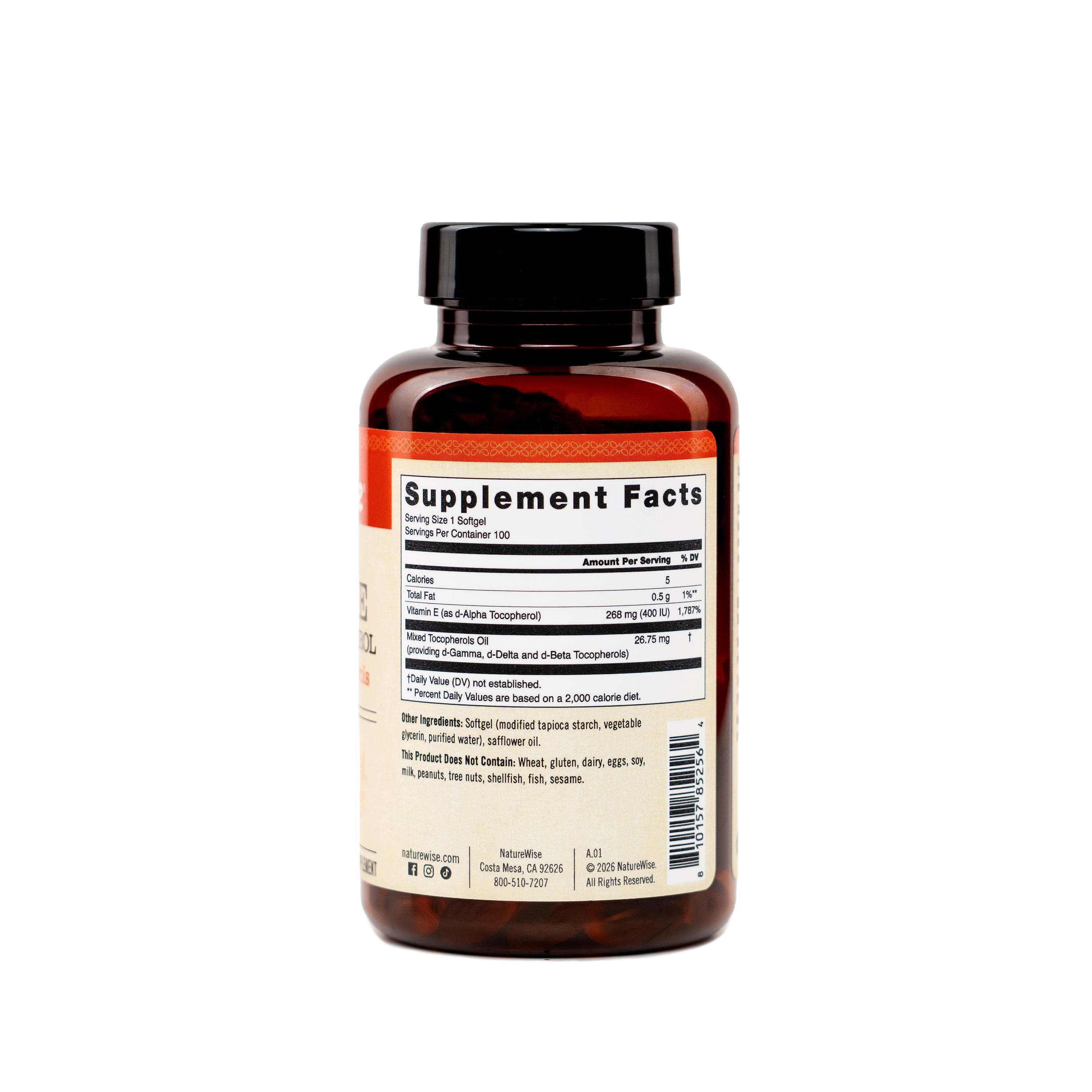 NatureWise Vegan Vitamin E D-Alpha Tocopherol supplement bottle with supplement fact label against a white background