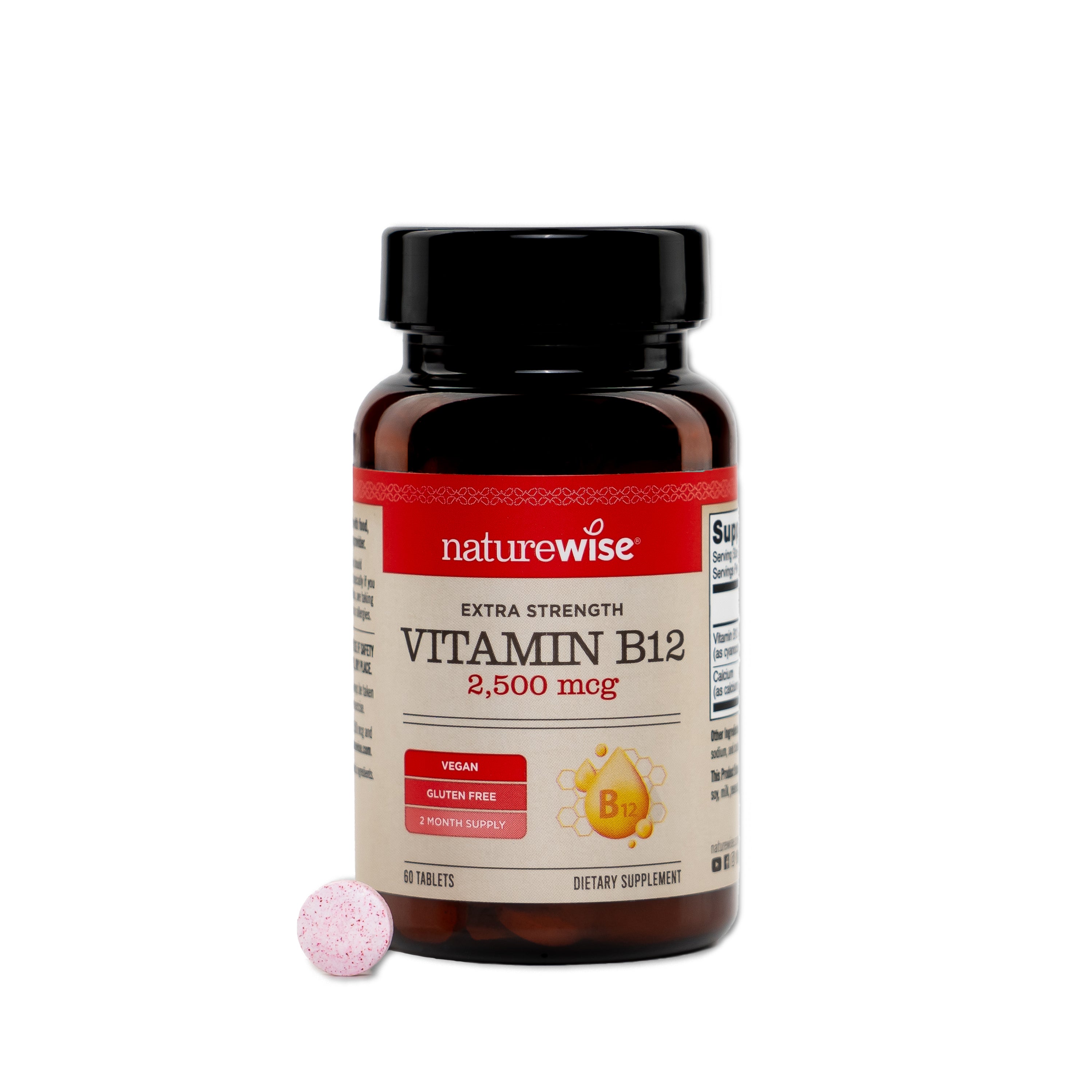 Naturewise Extra Strength Vitamin B12 supplement bottle with a pink tablet on a white background