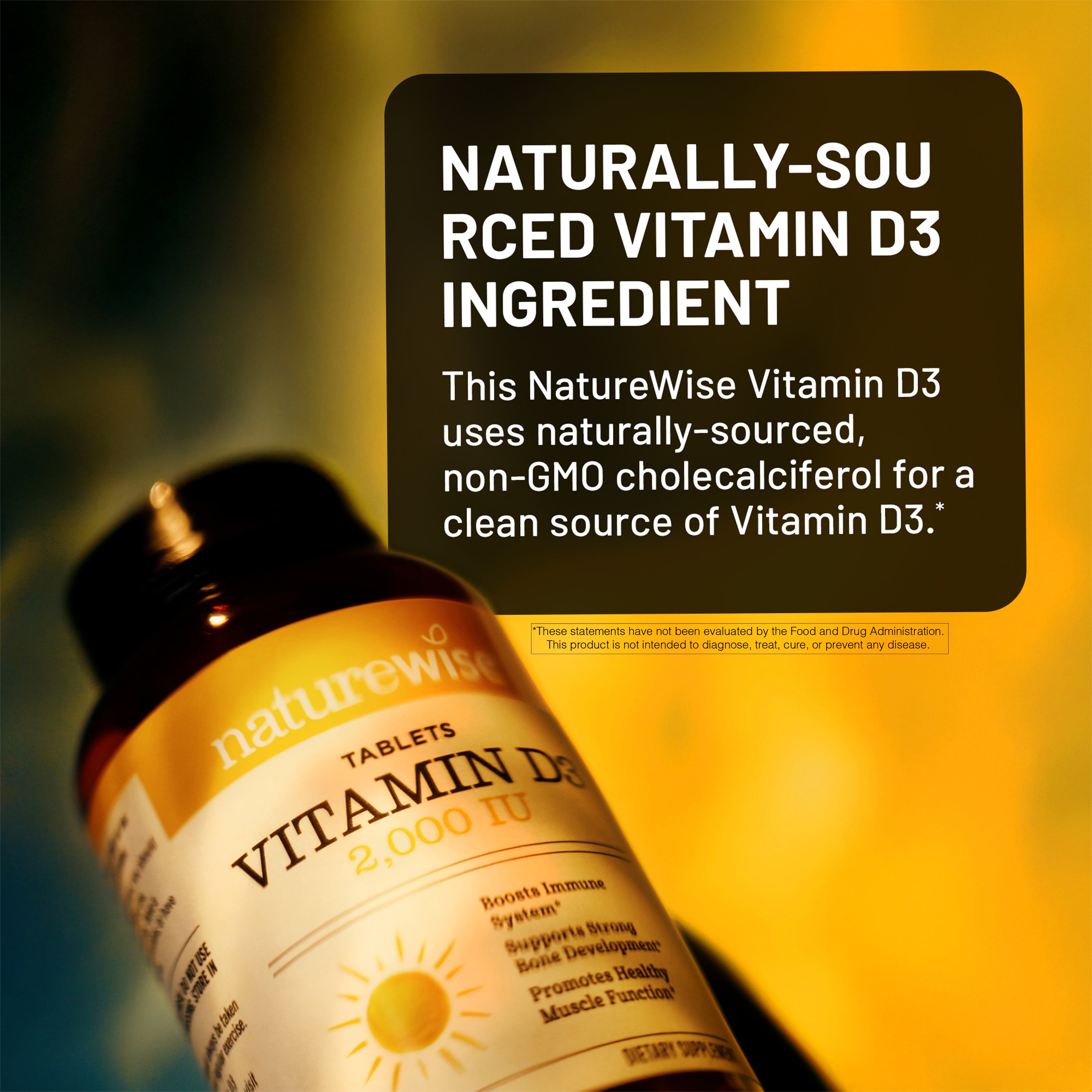 NatureWise Vitamin D3 2000IU tablets supplement bottle with text about naturally-sourced Vitamin D3.