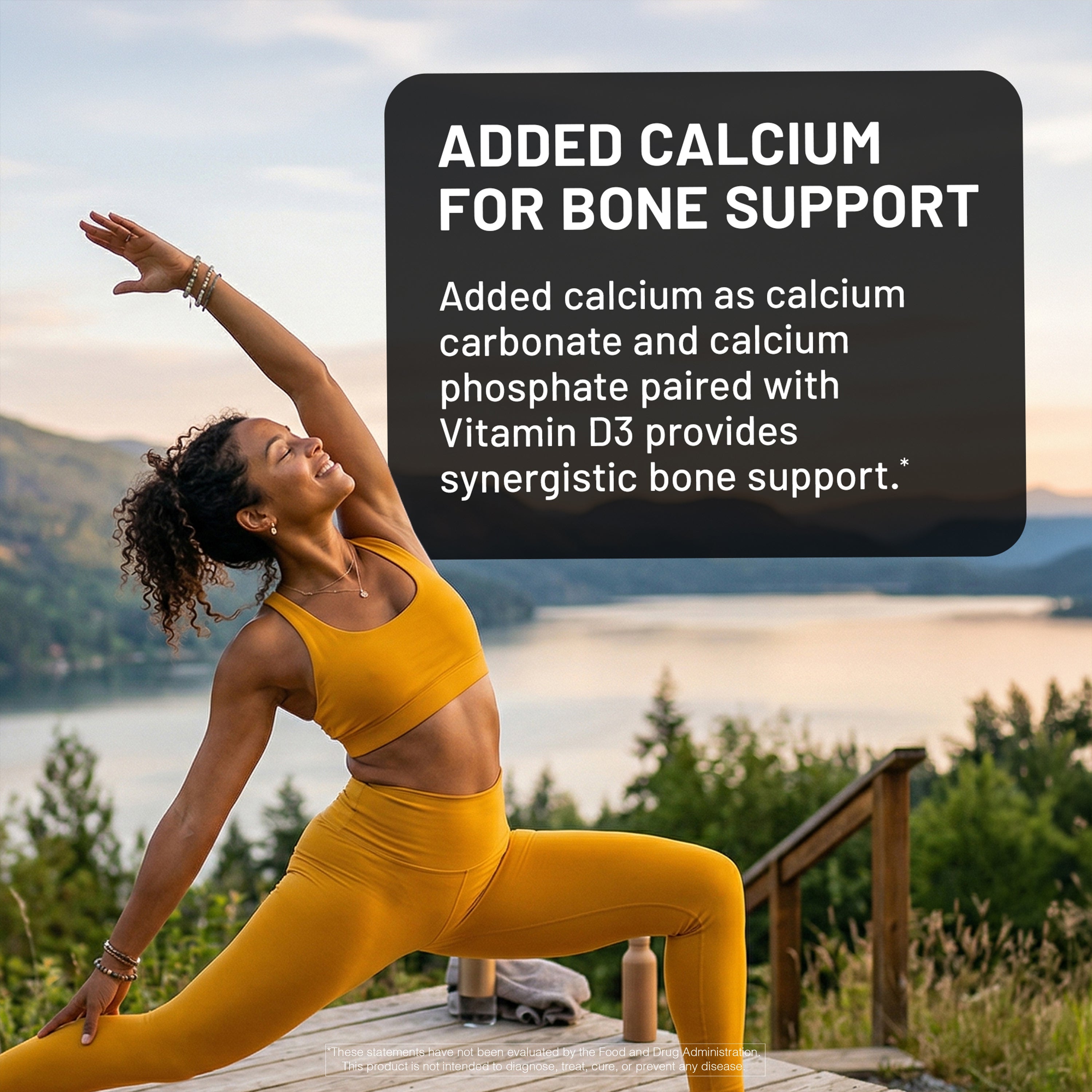 Woman in yellow athletic wear practicing yoga with text about calcium and bone support.
