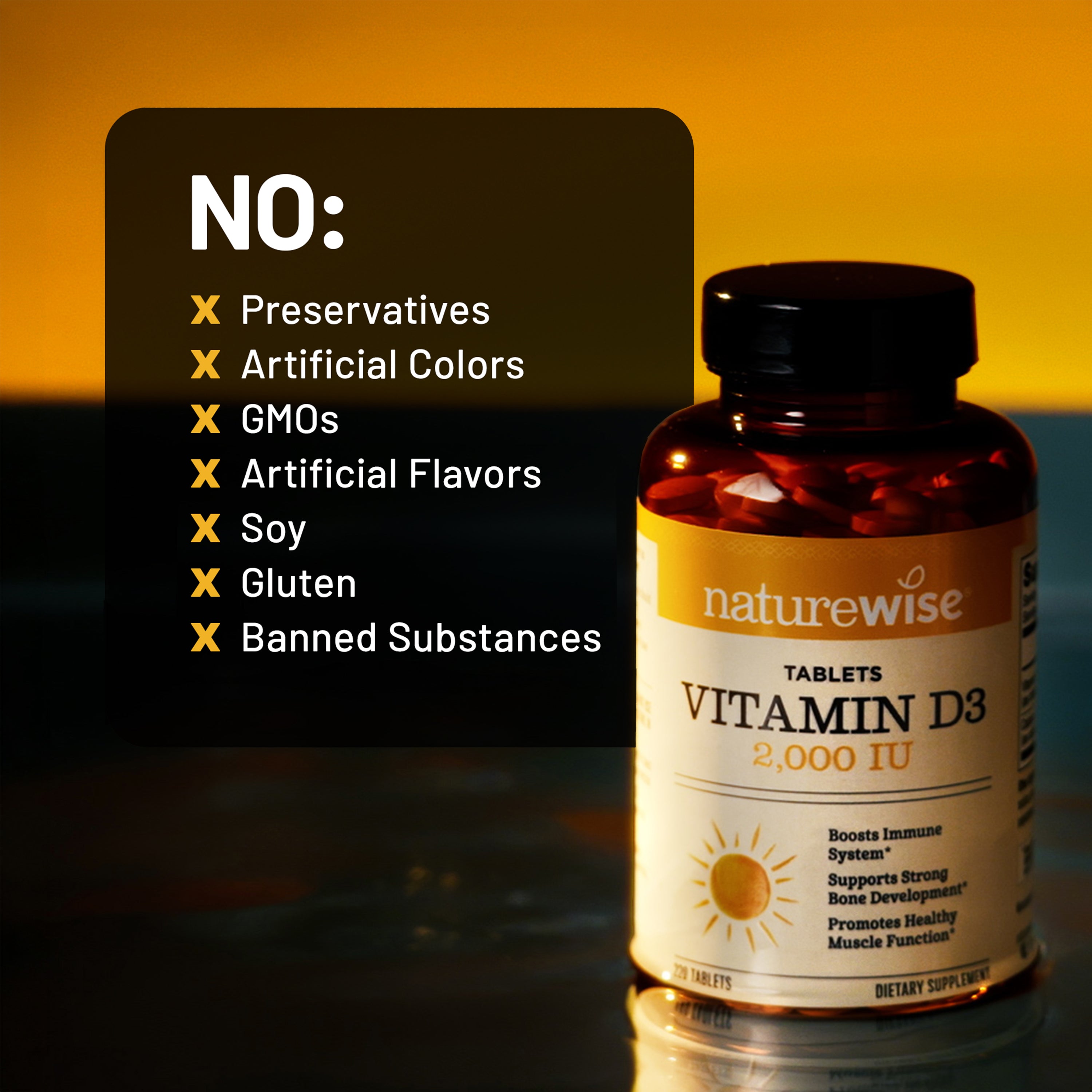 NatureWise Vitamin D3 2000IU tablets supplement bottle with a list of no ingredients on an orange and black background
