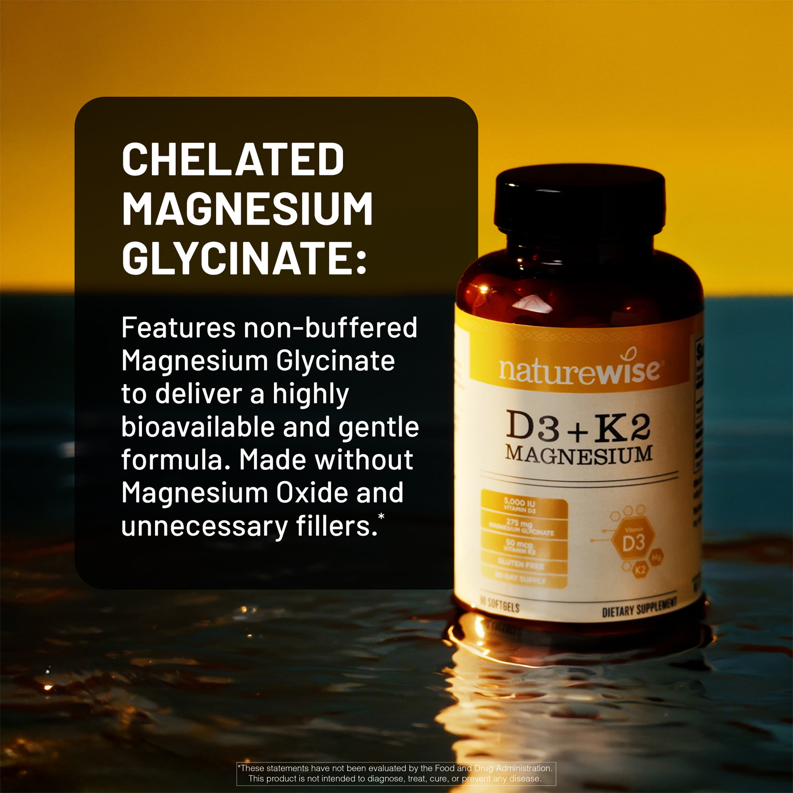 Naturewise Vitamin D3 K2 with Magnesium supplement bottle with text about chelated magnesium glycinate on a yellow and blue gradient background.