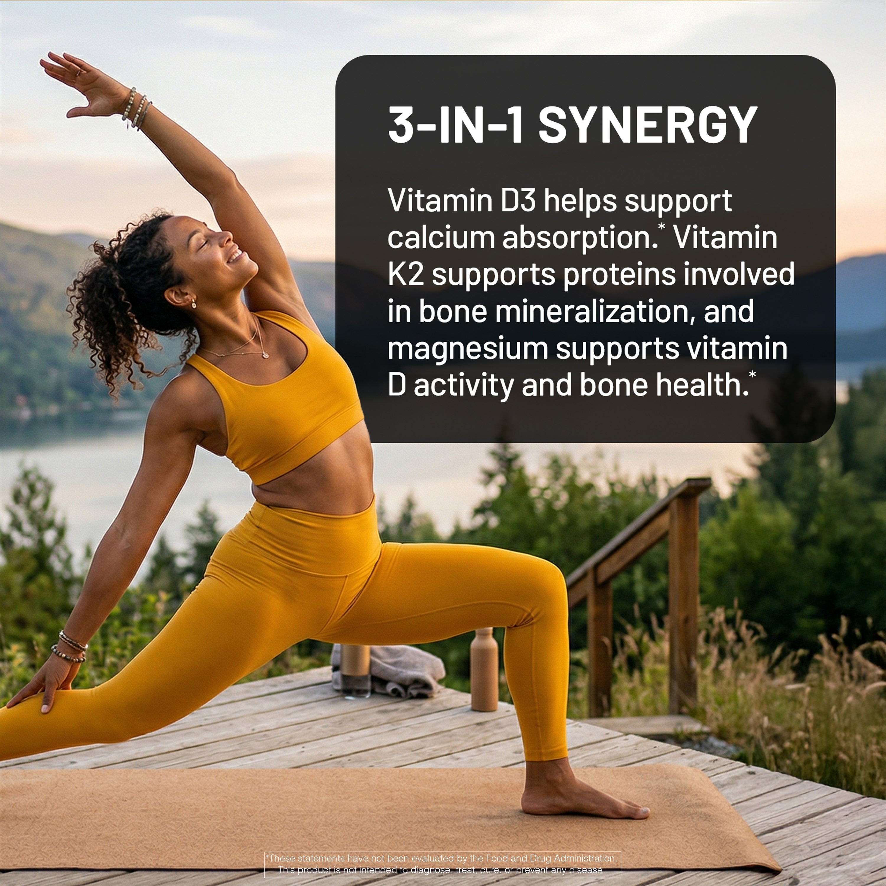 Woman in yellow athletic wear practicing yoga with text about vitamin d3 and k2 synergy on a scenic background
