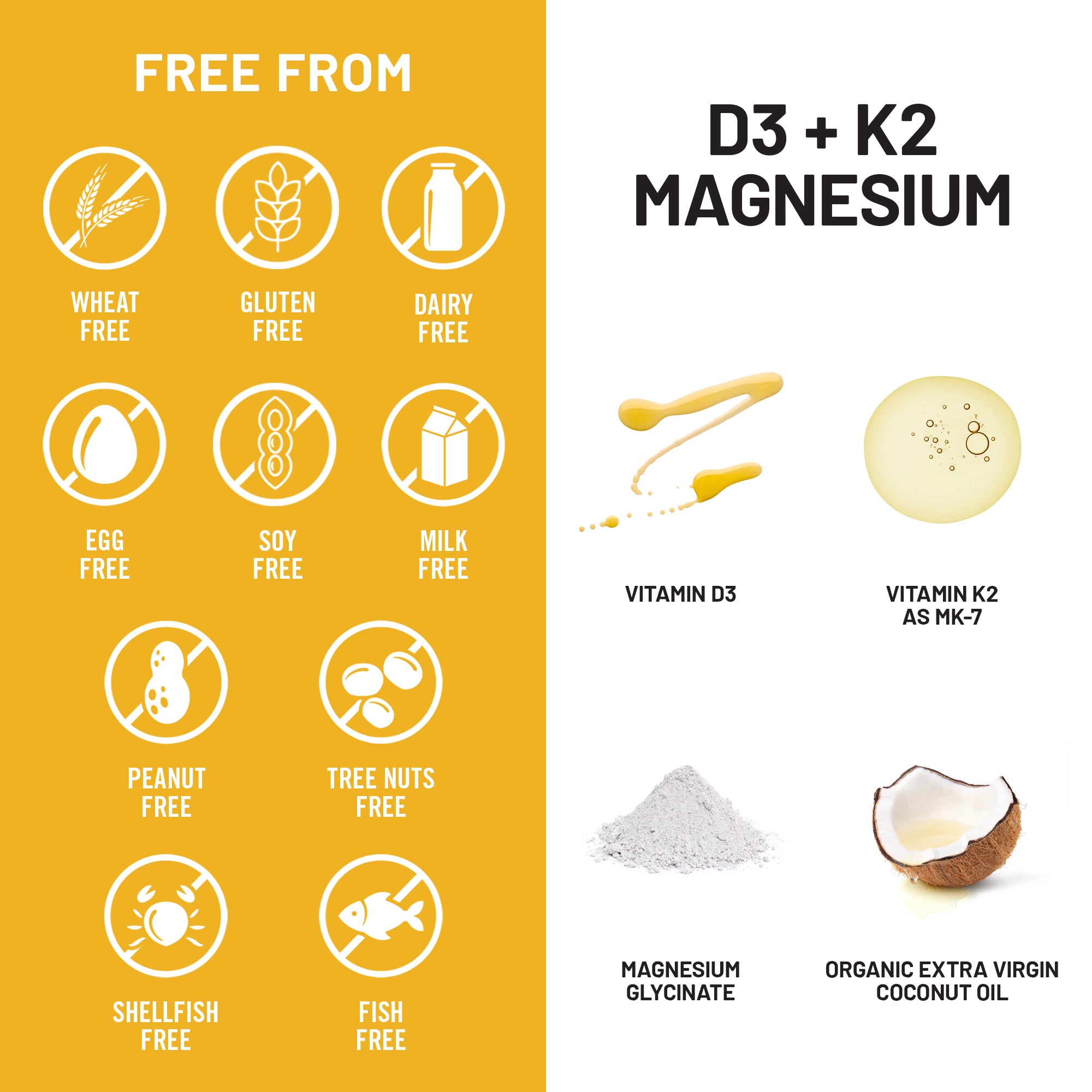 Product label for NatureWise Vitamin D3 K2 with Magnesium indicating free-from allergens and health benefits with icons and images of vitamins and oils.