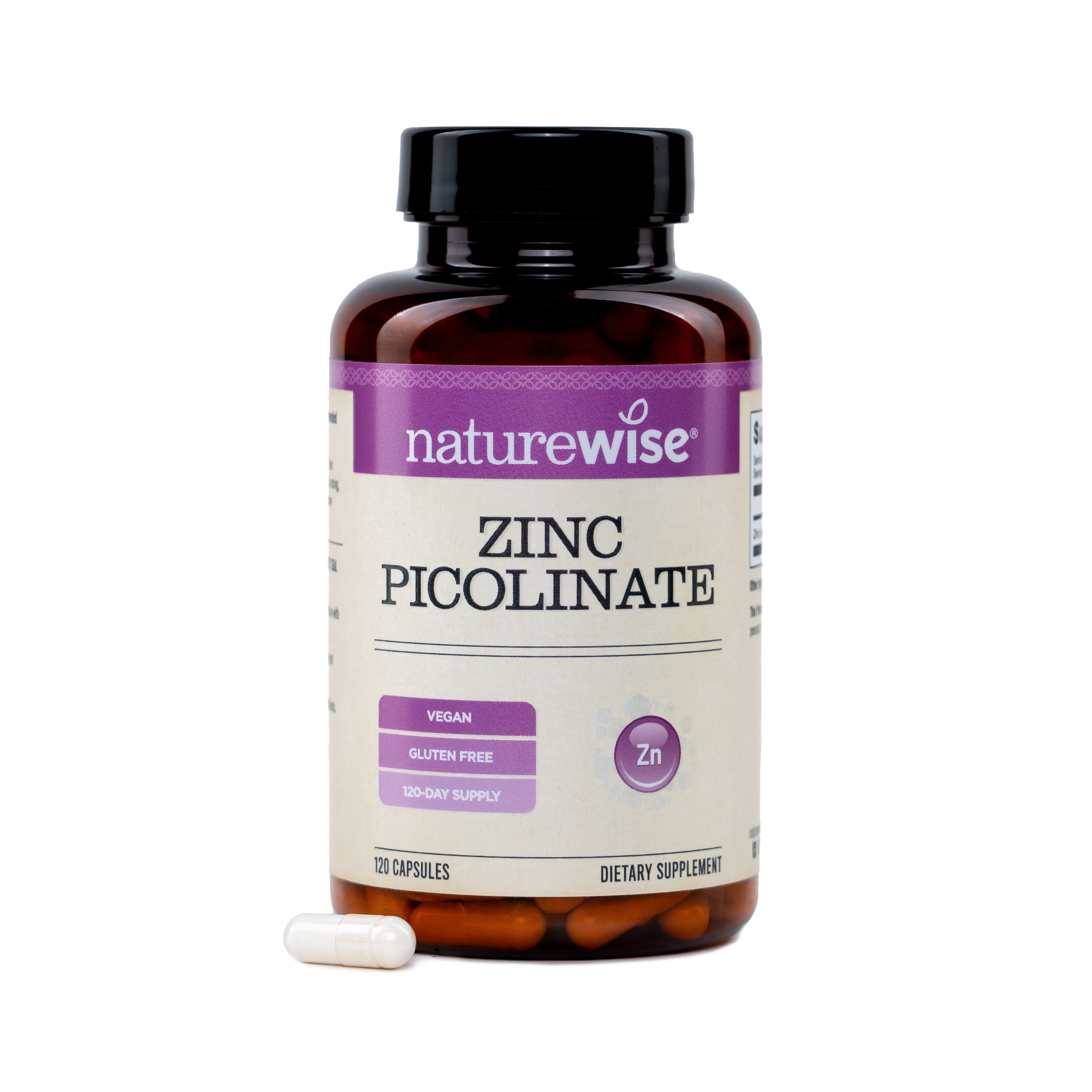 NatureWise Zinc Picolinate supplement bottle with capsules on a white background