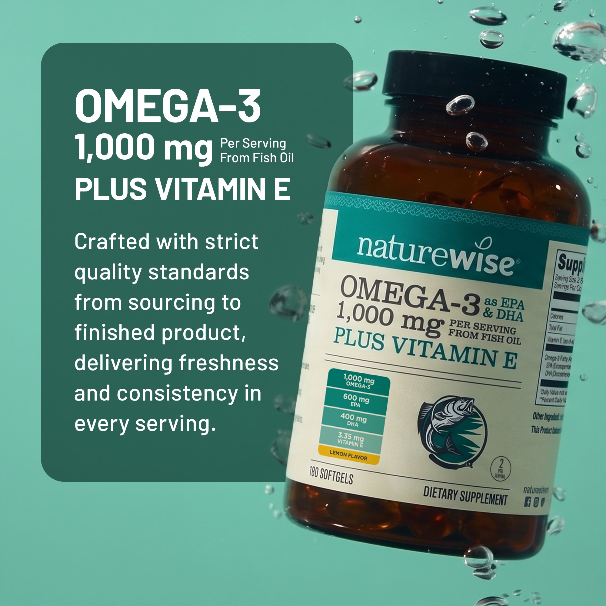 Naturewise Omega-3 1,000mg plus Vitamin E supplement bottle with text on a teal background