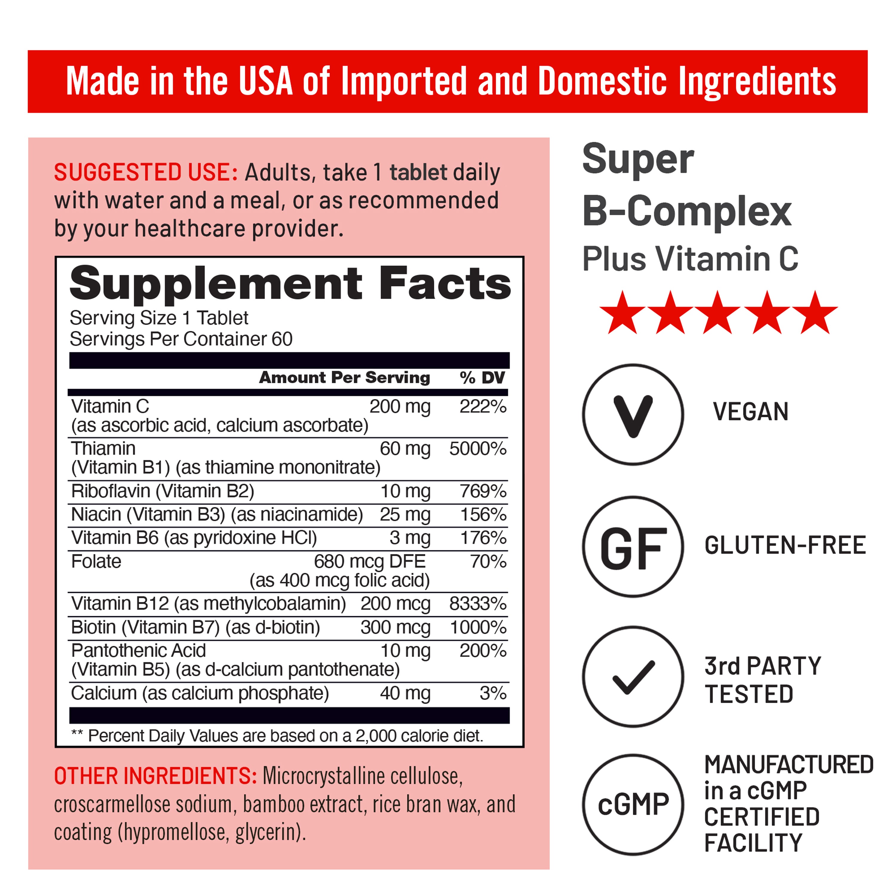 Supplement label for Super B-Complex Plus Vitamin C with ingredient list and certification logos.