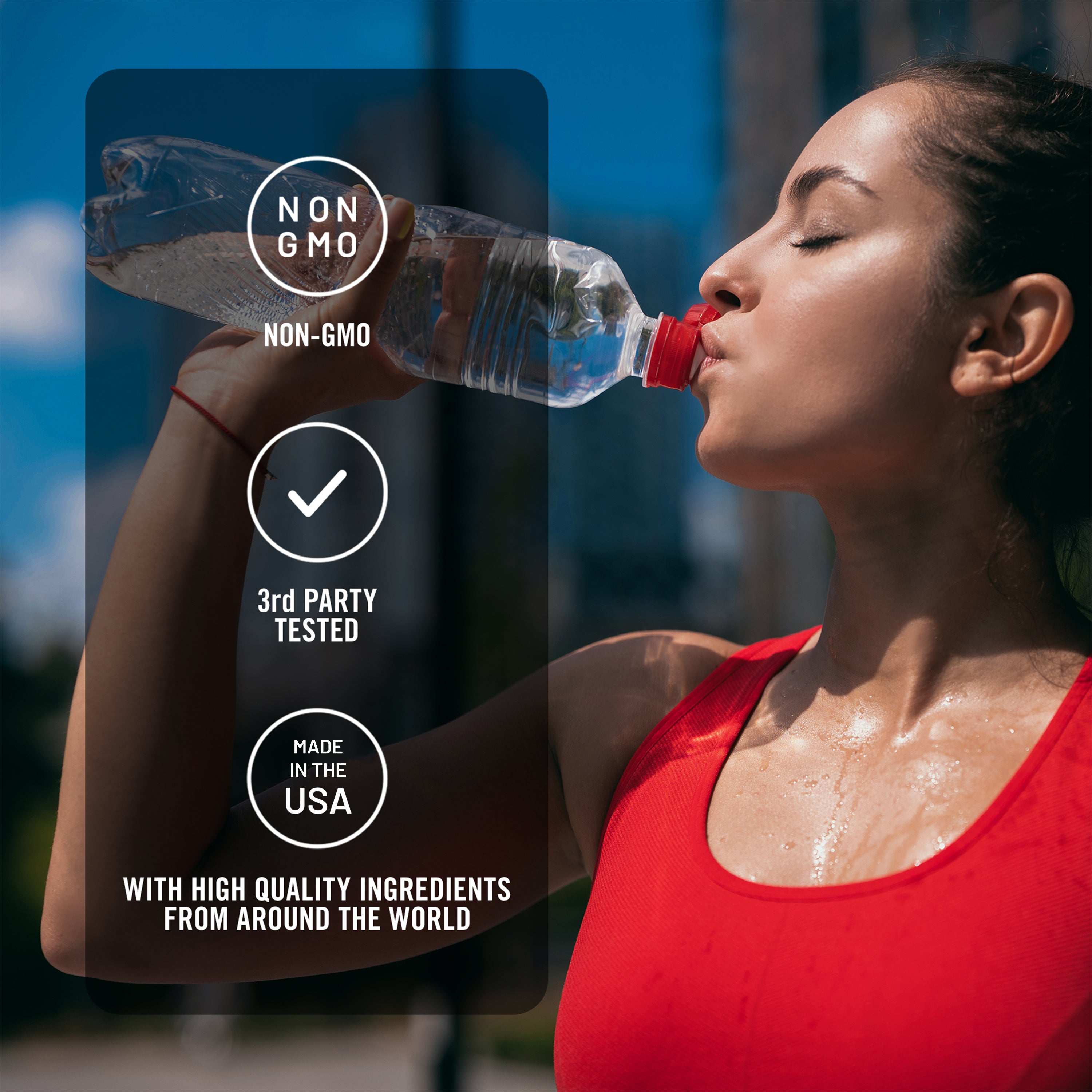 Woman drinking water with product features highlighted on a blue background