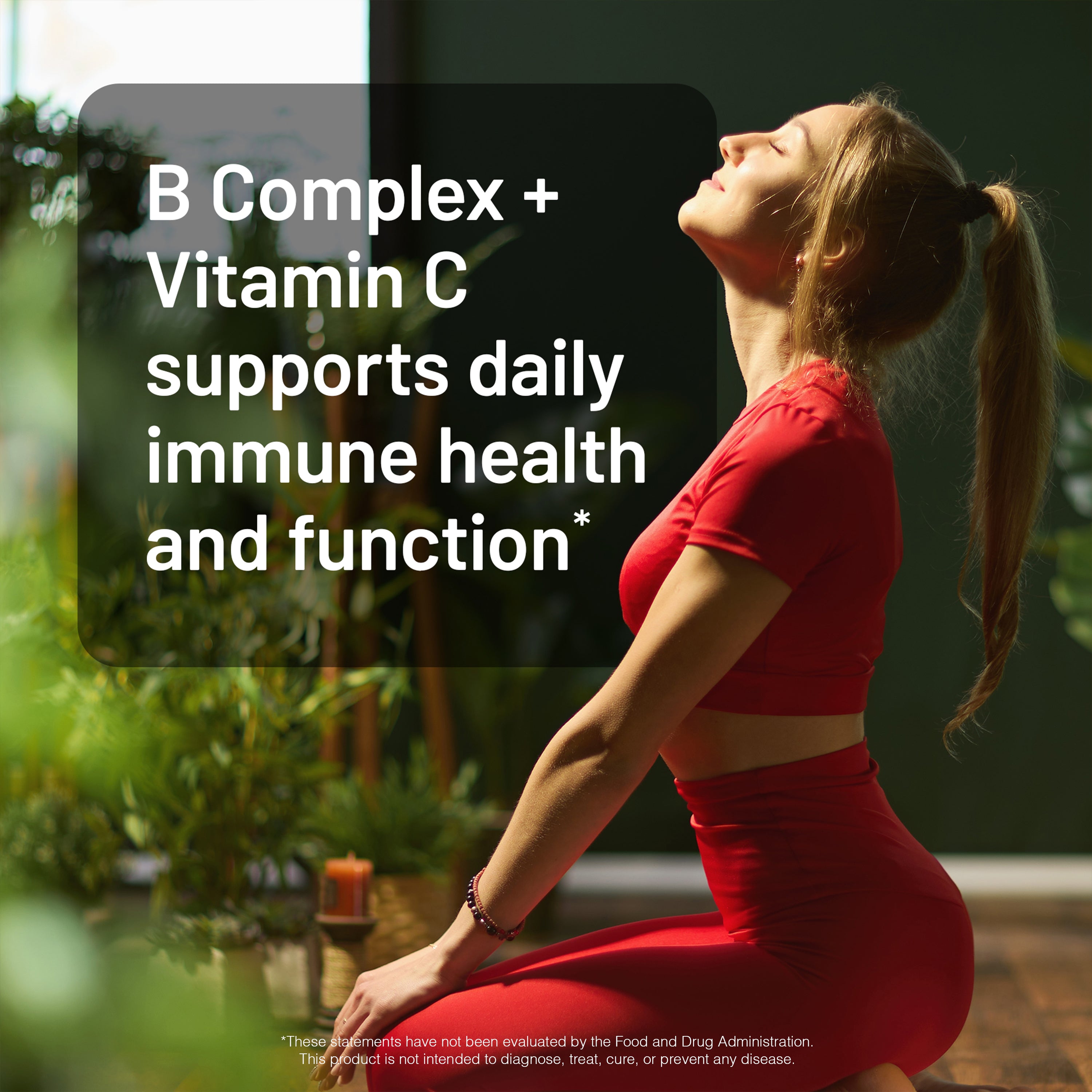 Woman in red outfit sitting outdoors with text about B Complex and Vitamin C benefits.