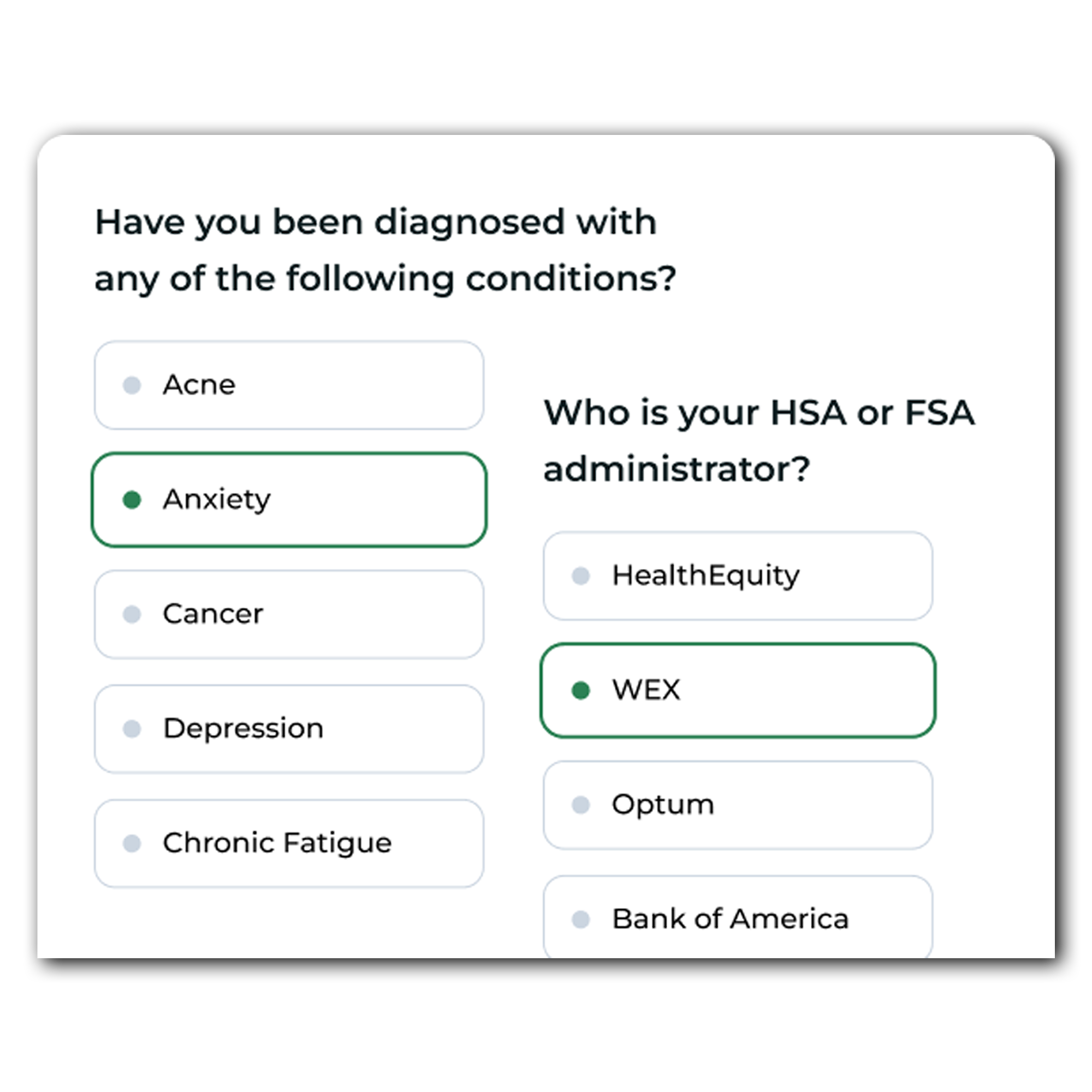 Form with health condition diagnosis options and HSA/FSA administrator choices on a white background