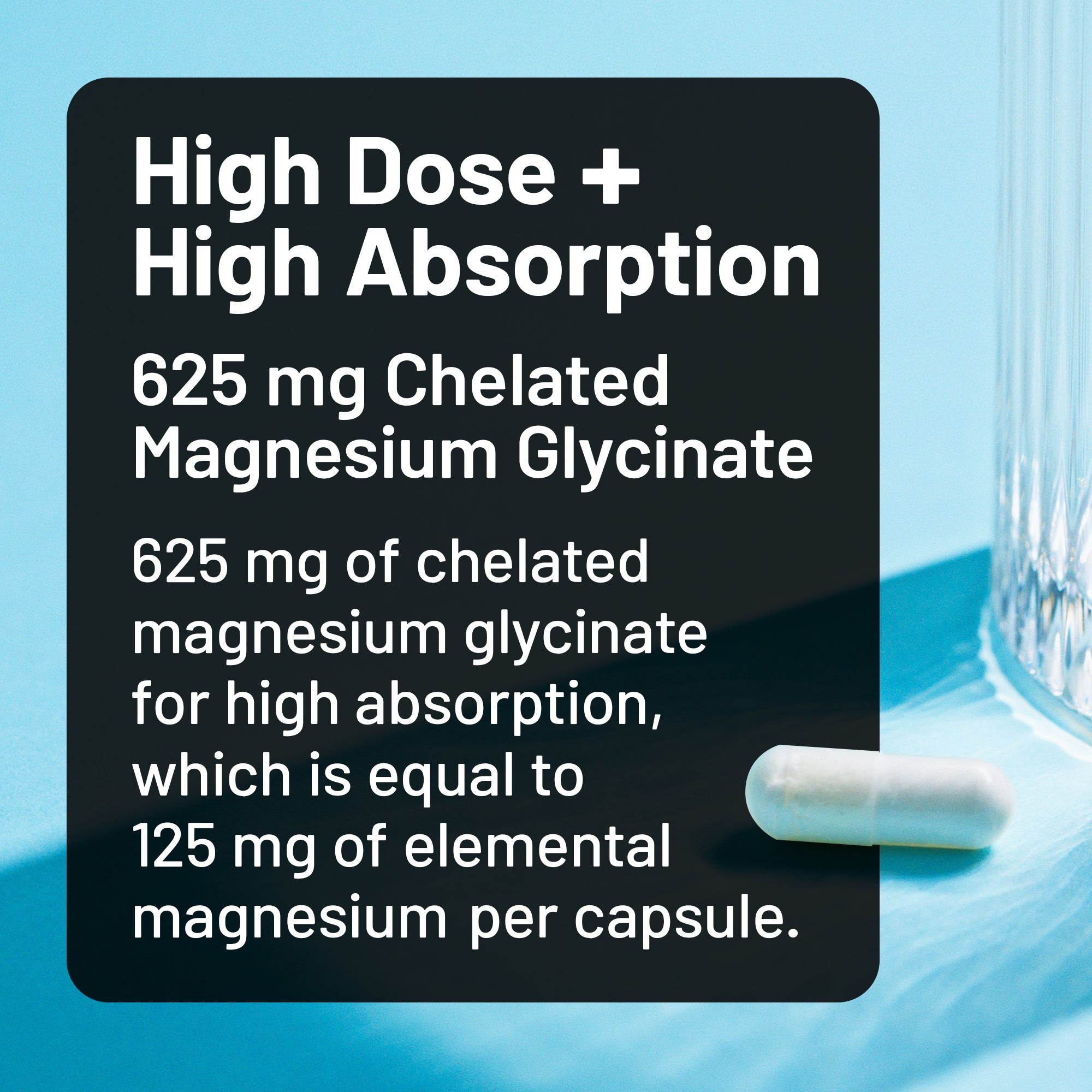 Capsule with text about high-dose chelated magnesium glycinate on a blue background