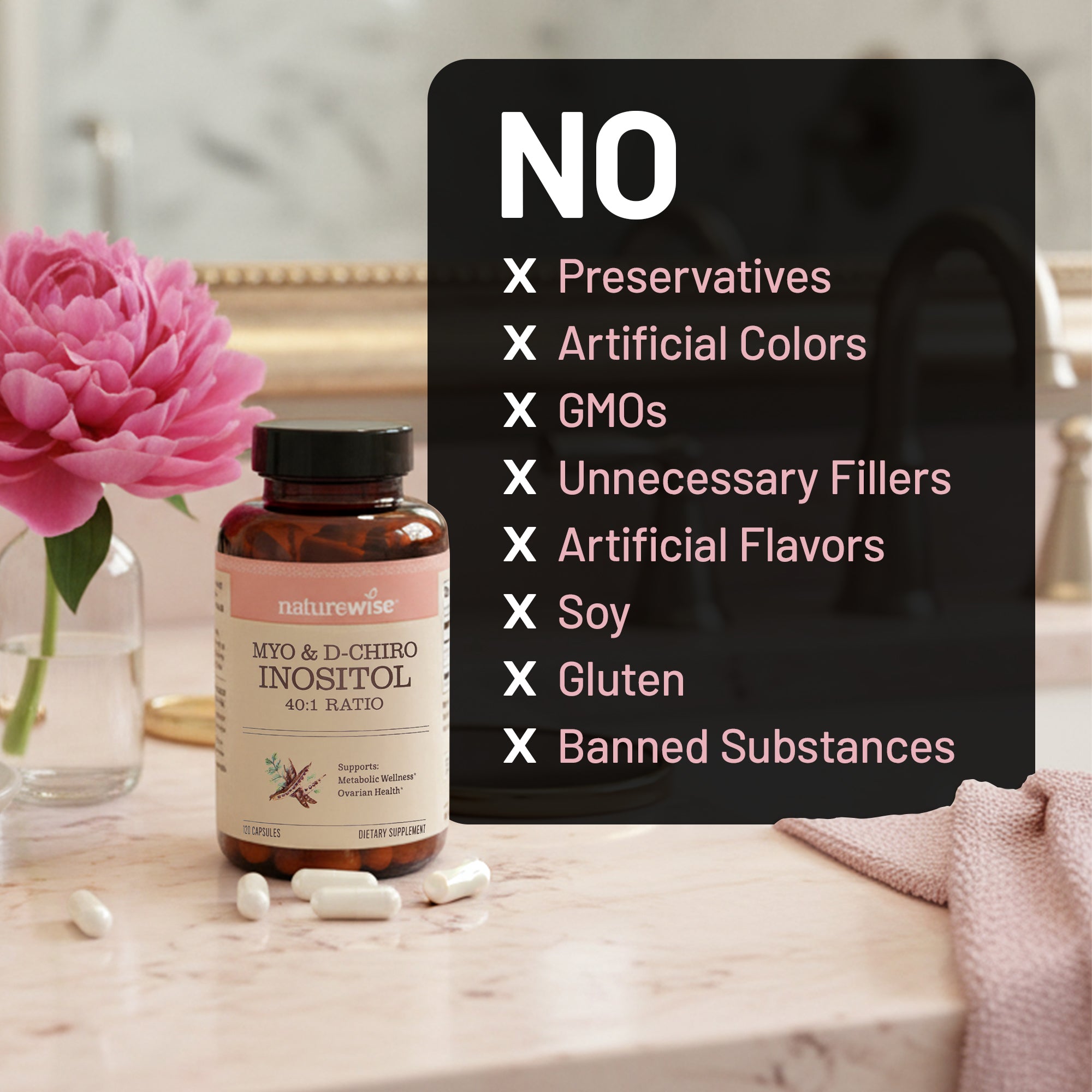Naturewise myo inositol & D-Chiro Inositol supplement bottle with a list of no additives on a table with flowers.