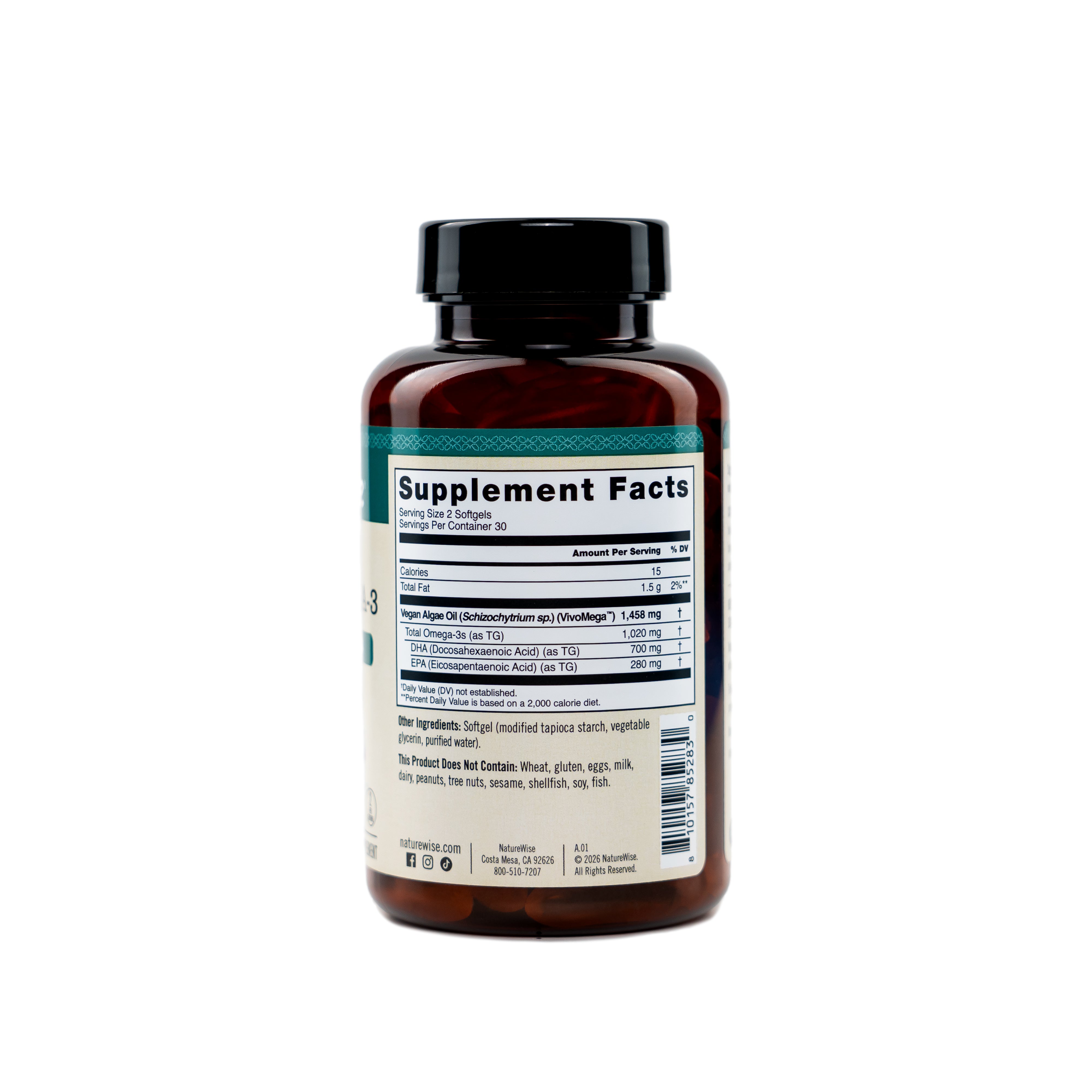 Naturewise Algae Vegan Omega-3 supplement bottle with supplement fact label on a white background