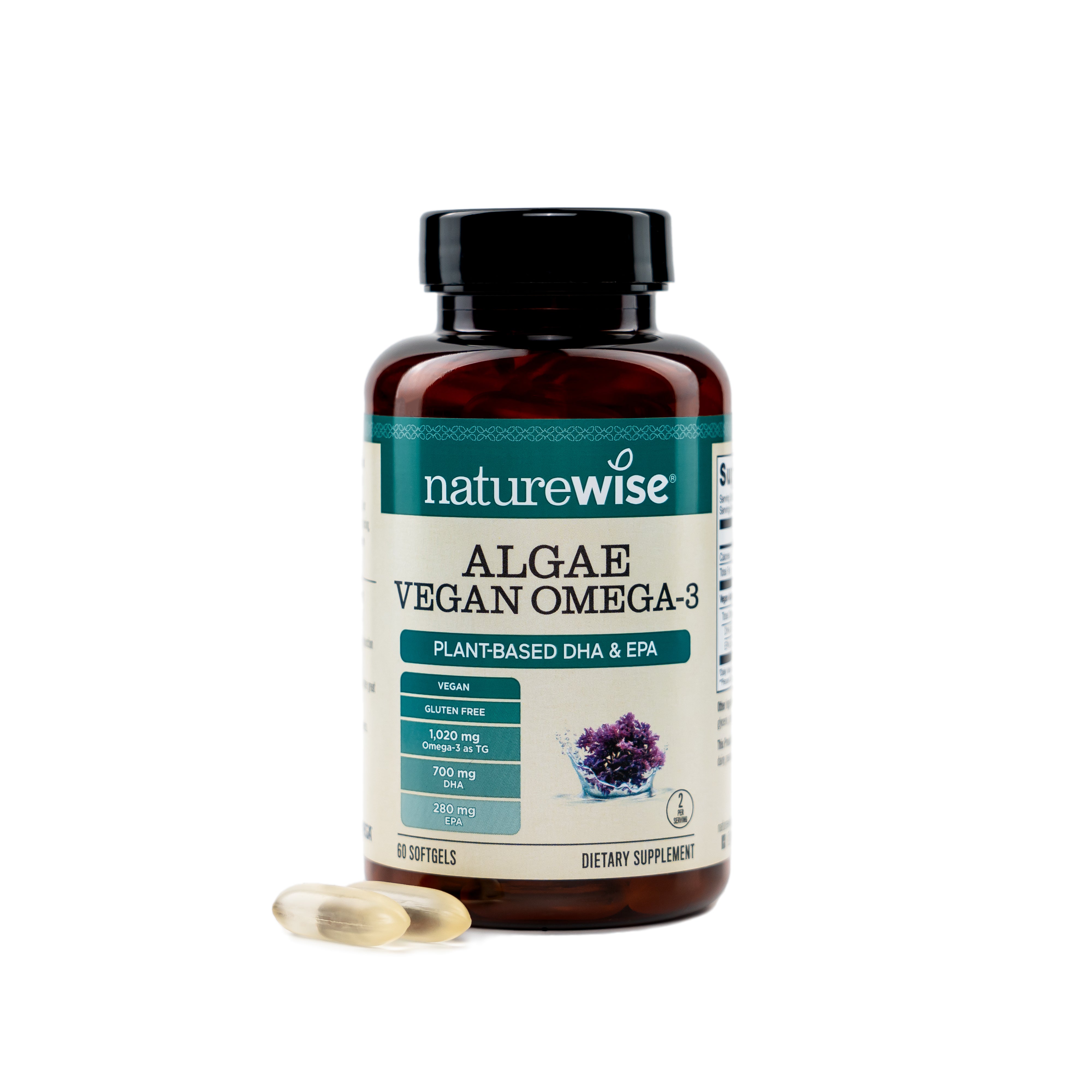 Naturewise Algae Vegan Omega-3 supplement bottle on a white background