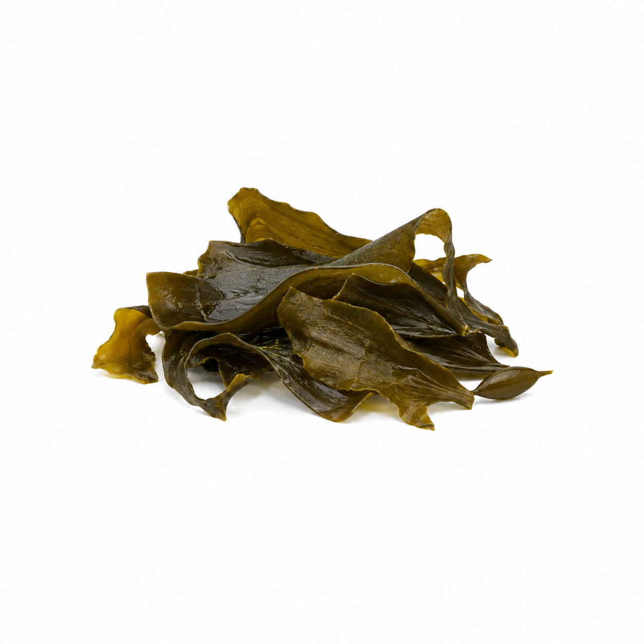 A small pile of dried kelp strips in dark olive green and brown tones, photographed on a clean white background.