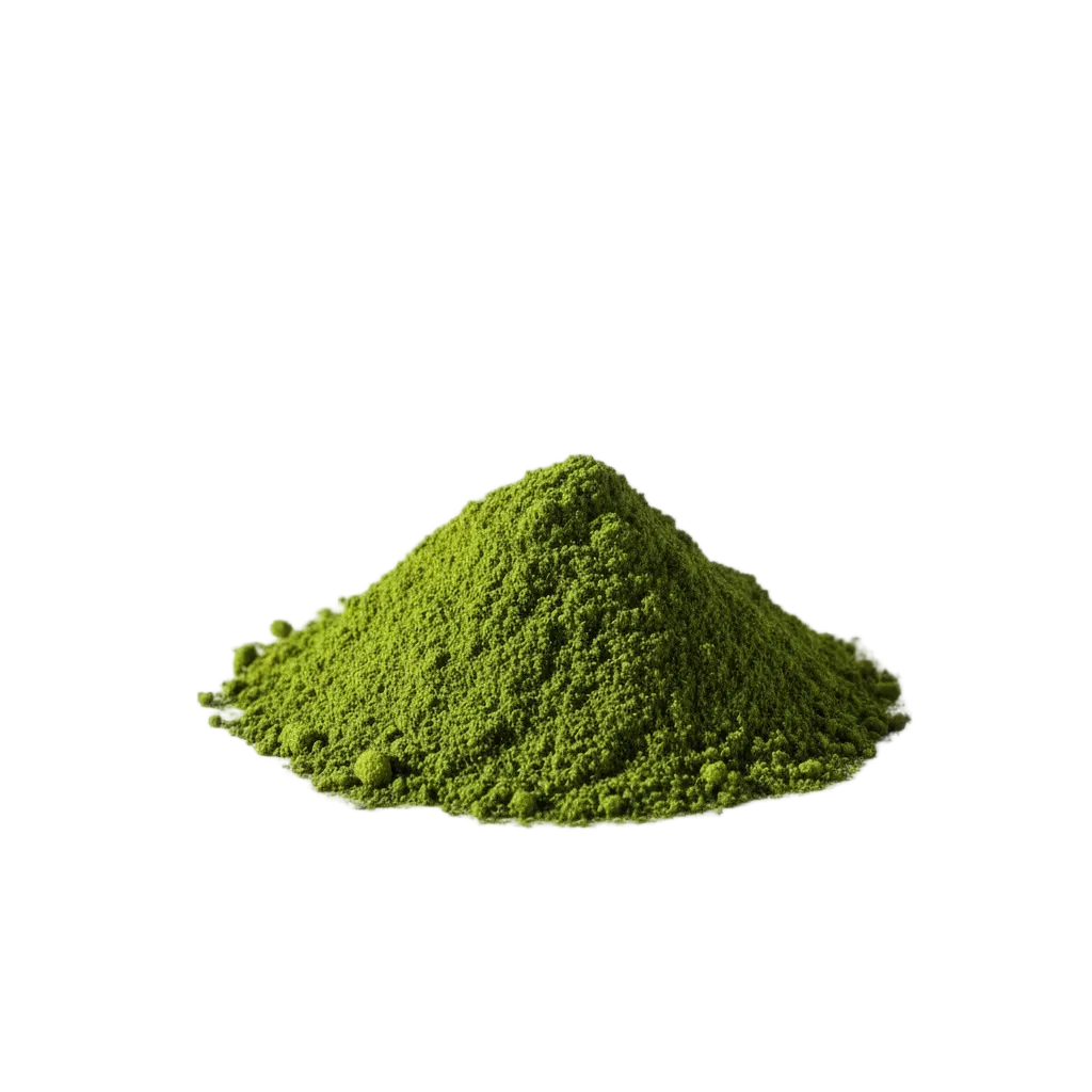 A small mound of Chlorophyll powder photographed on a clean white background.