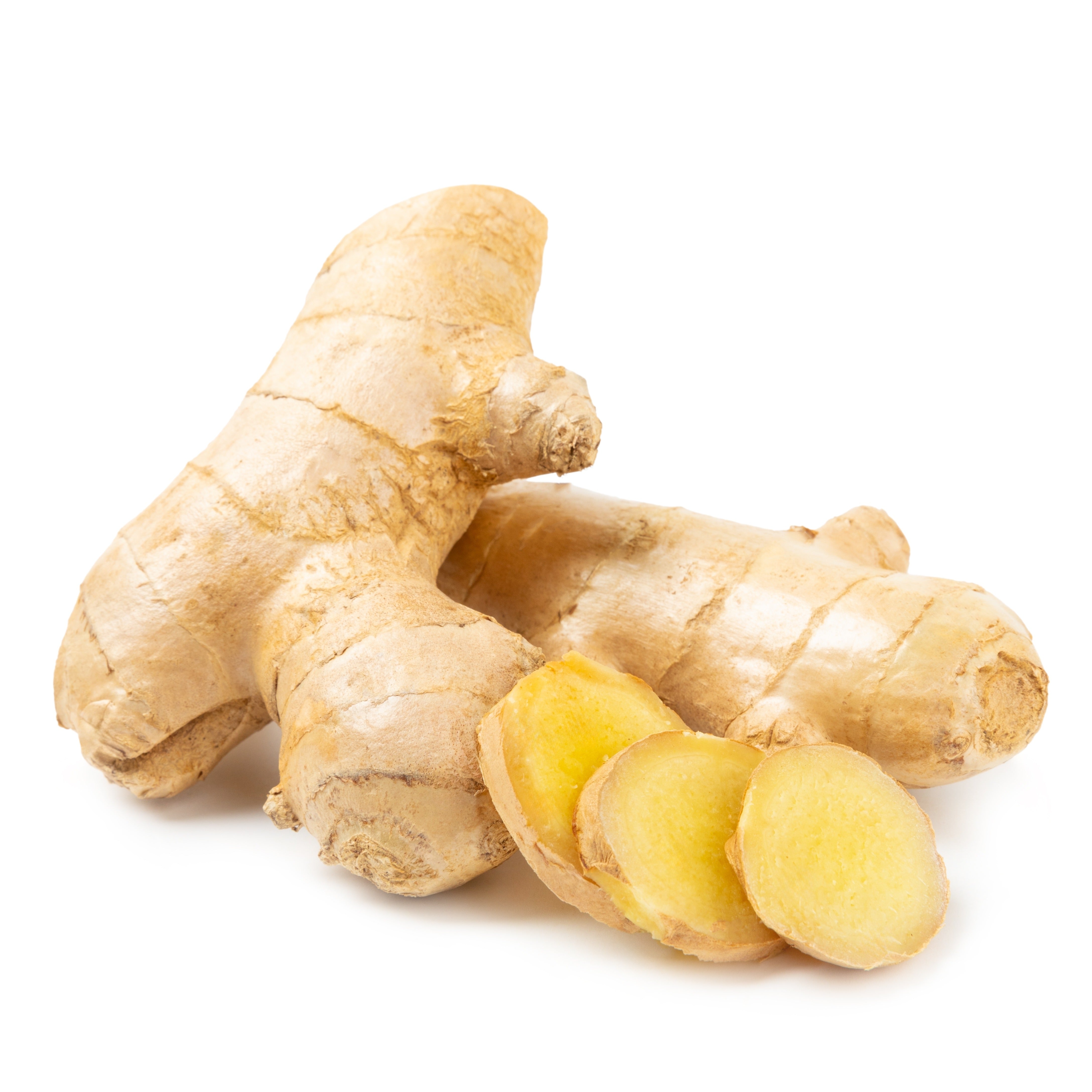 Ginger root with slices on a white background