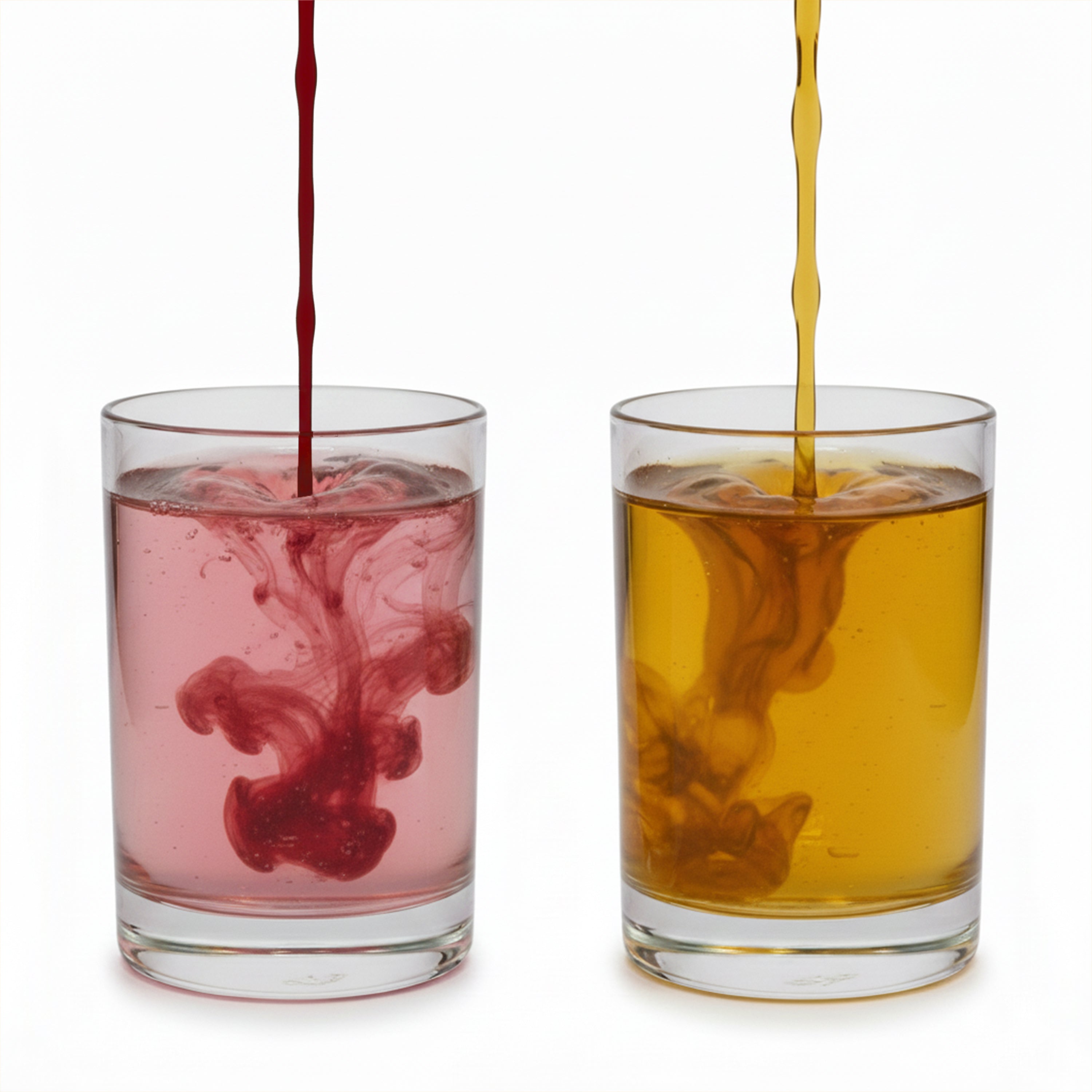 Two clear glasses on a white background, each partially filled with liquid and receiving a vertical stream pouring into it. The left glass contains a dark red stream that mixes with pink liquid inside, and the right glass contains a golden yellow stream that mixes with amber liquid inside.