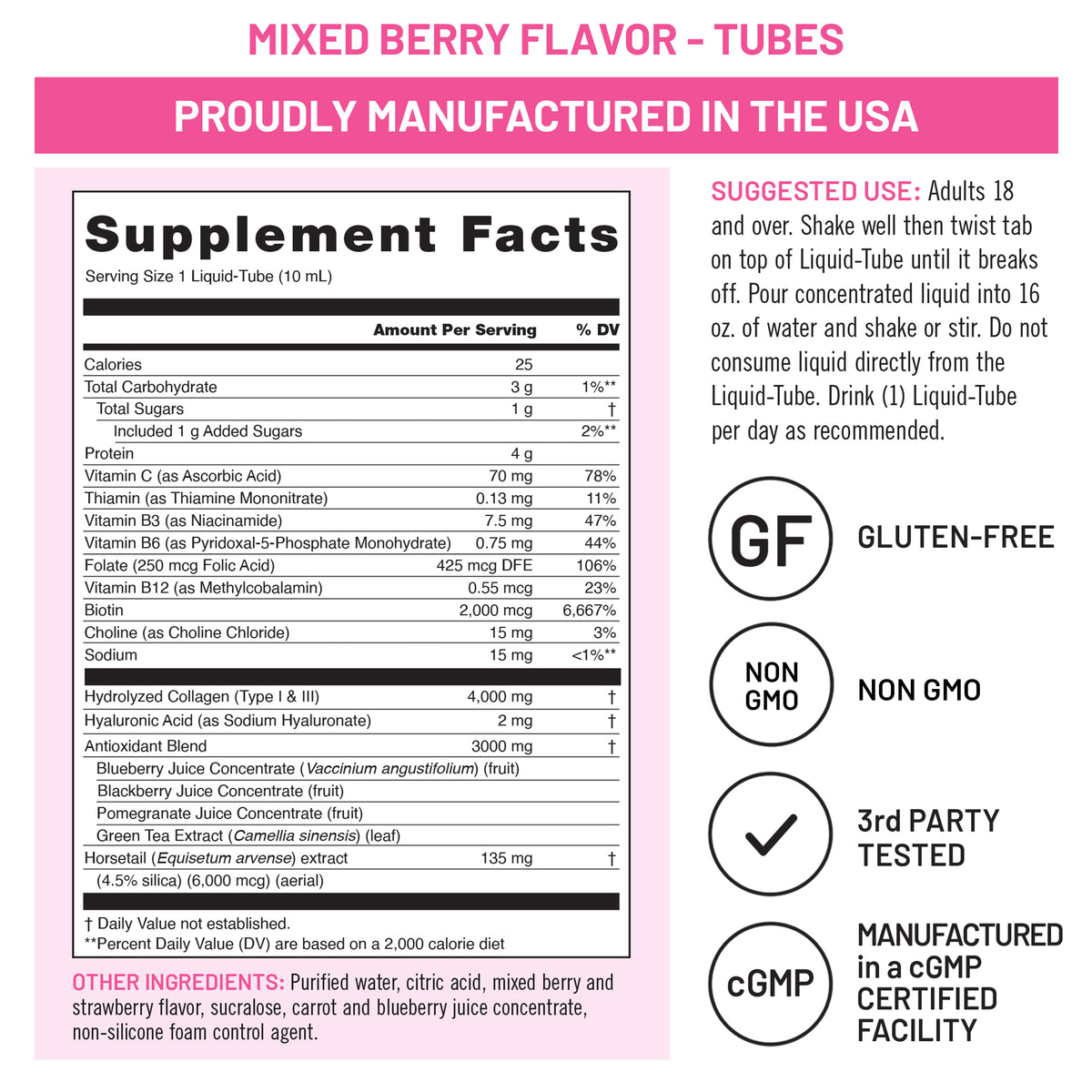 A supplement facts label for a mixed berry liquid concentrate tube, shown on a white background with pink header text reading 'MIXED BERRY TUBES' and additional usage, gluten-free, non-GMO, and cGMP information.