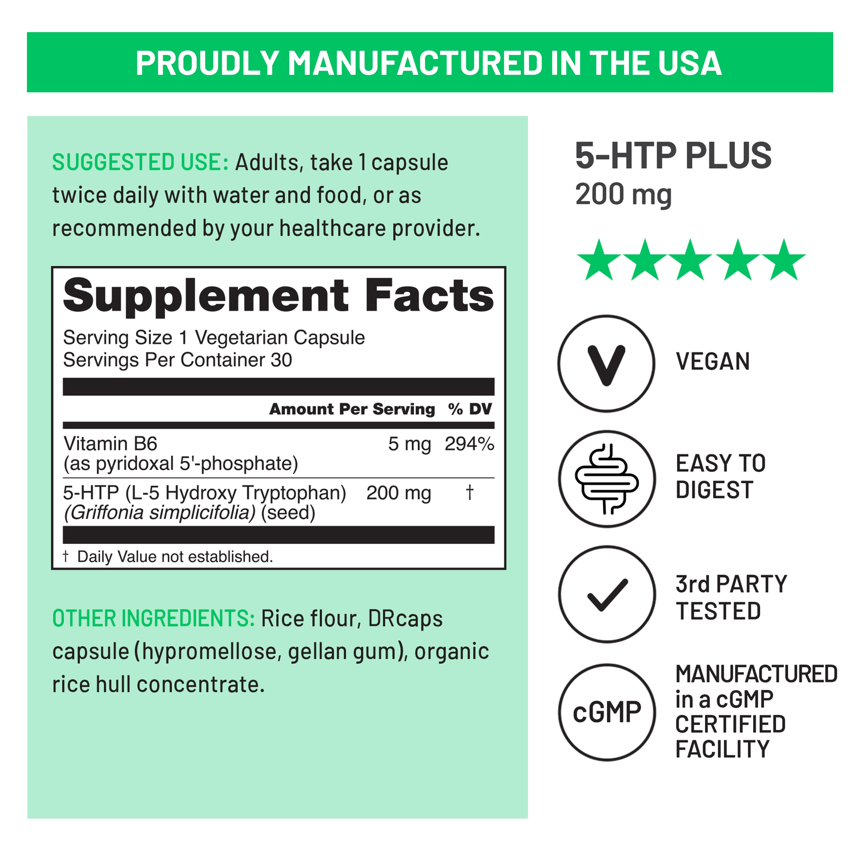 Supplement label for 5-HTP supplement 200mg with manufacturing details and supplement facts.