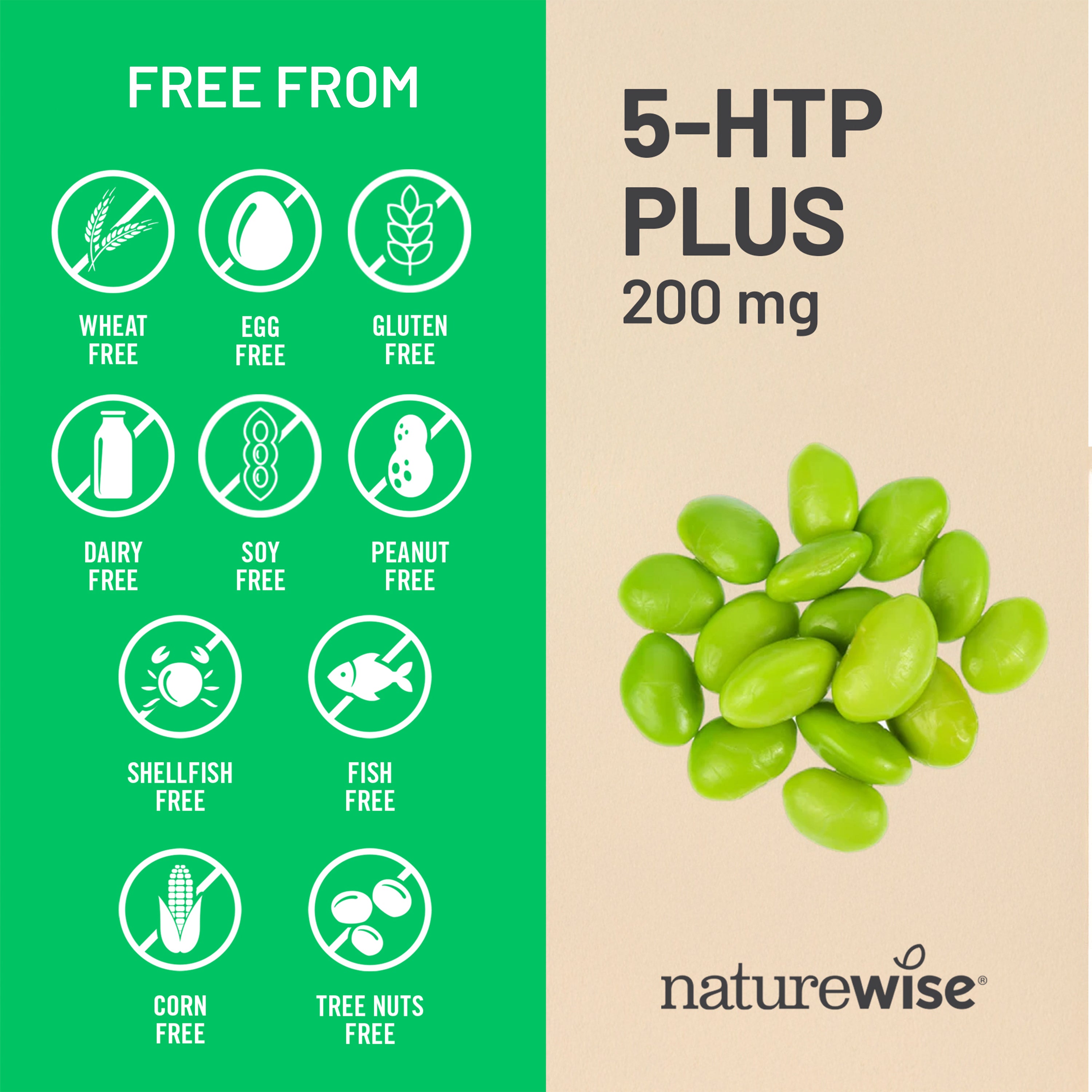 NatureWise 5-HTP supplement packaging with green beans and free-from icons on a beige background.