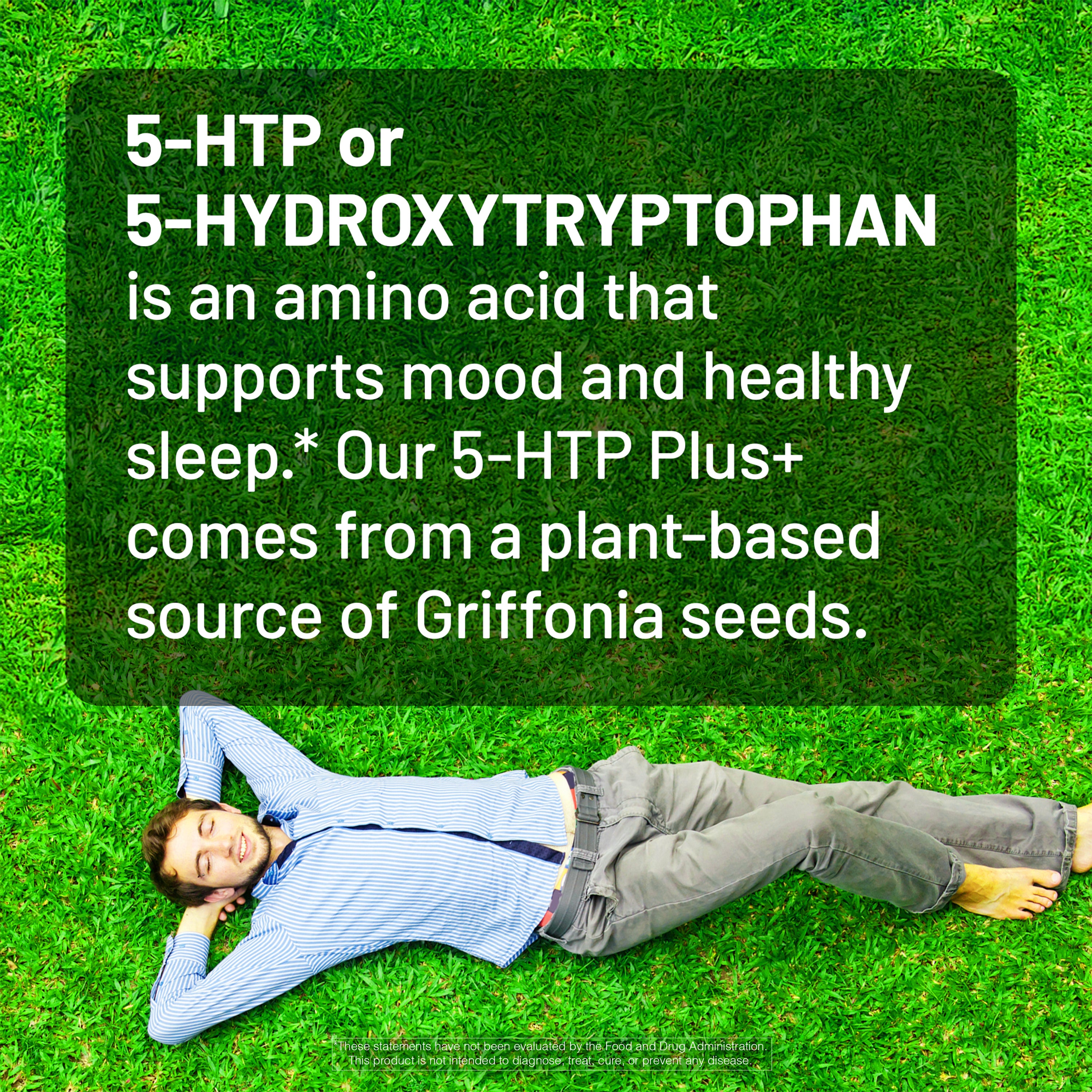 Person lying on grass with text about 5-HTP and its benefits