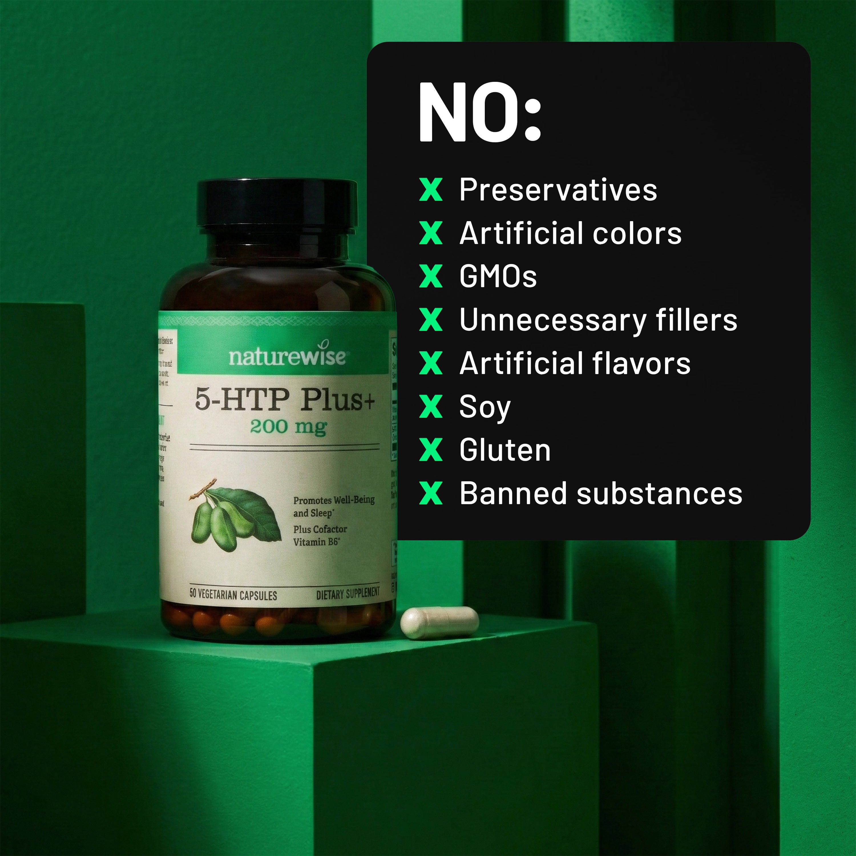 Naturewise 5-HTP supplement bottle with a green background and a list of product features on a black board.