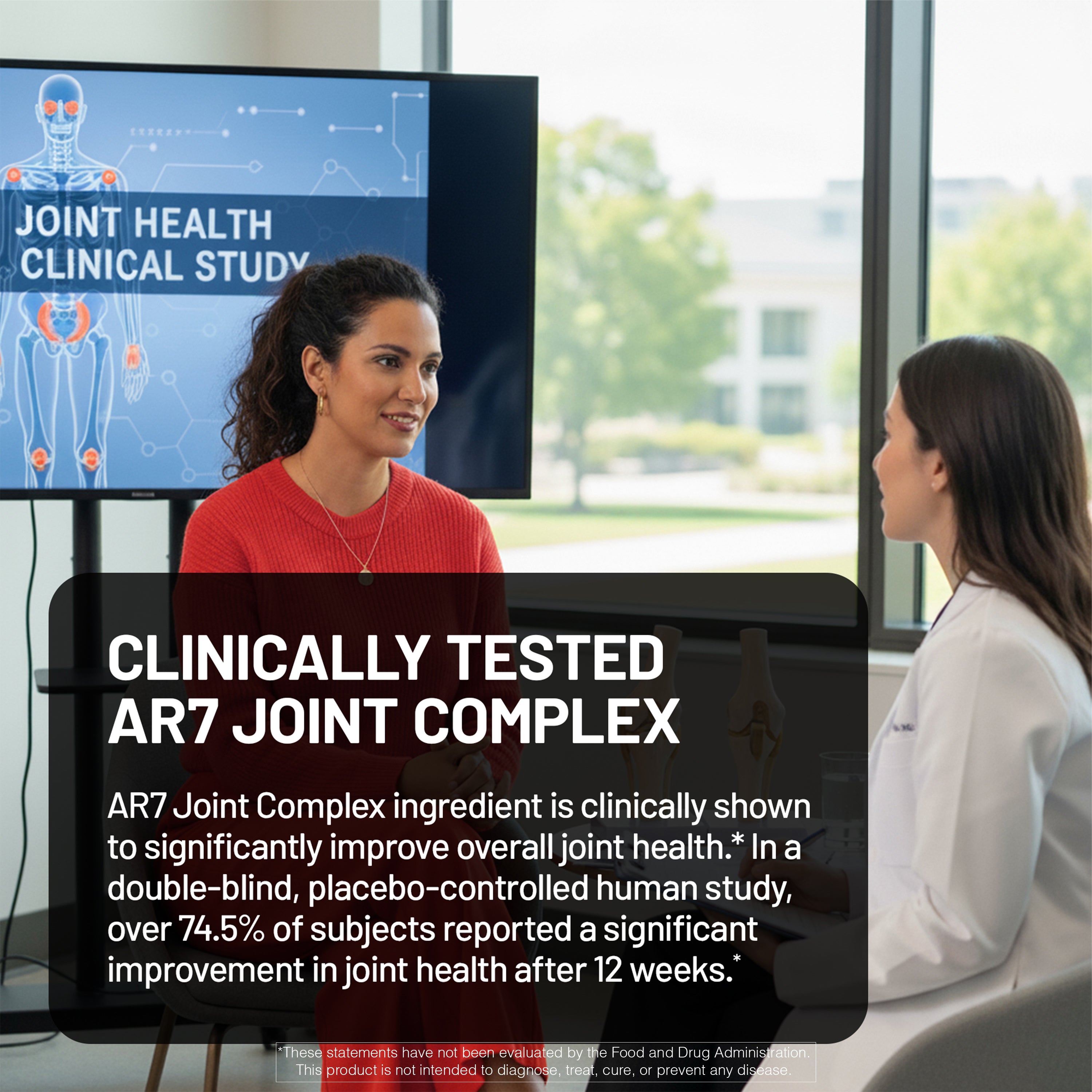 Two women in a room with a screen displaying 'Joint Health Clinical Study' and information about AR7 Joint Complex.
