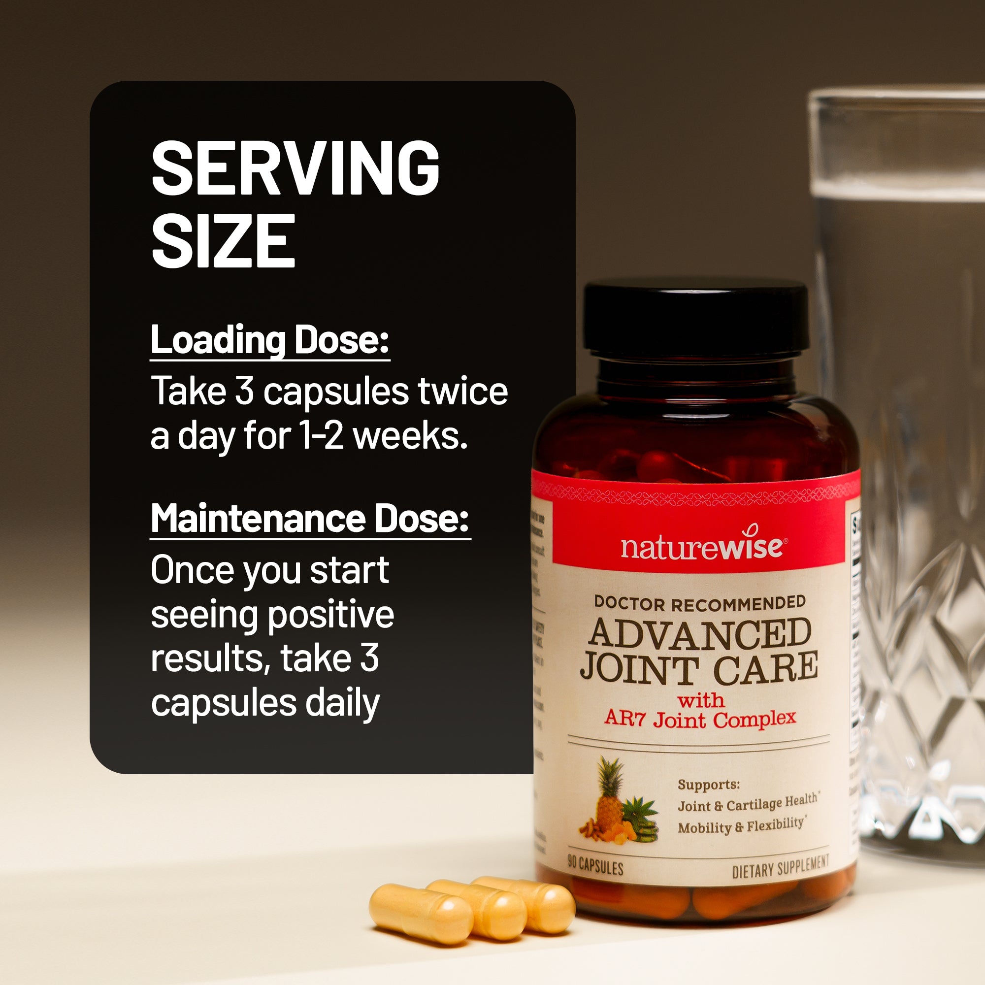 Naturewise Advanced Joint Care supplement bottle with capsules and glass on a neutral background