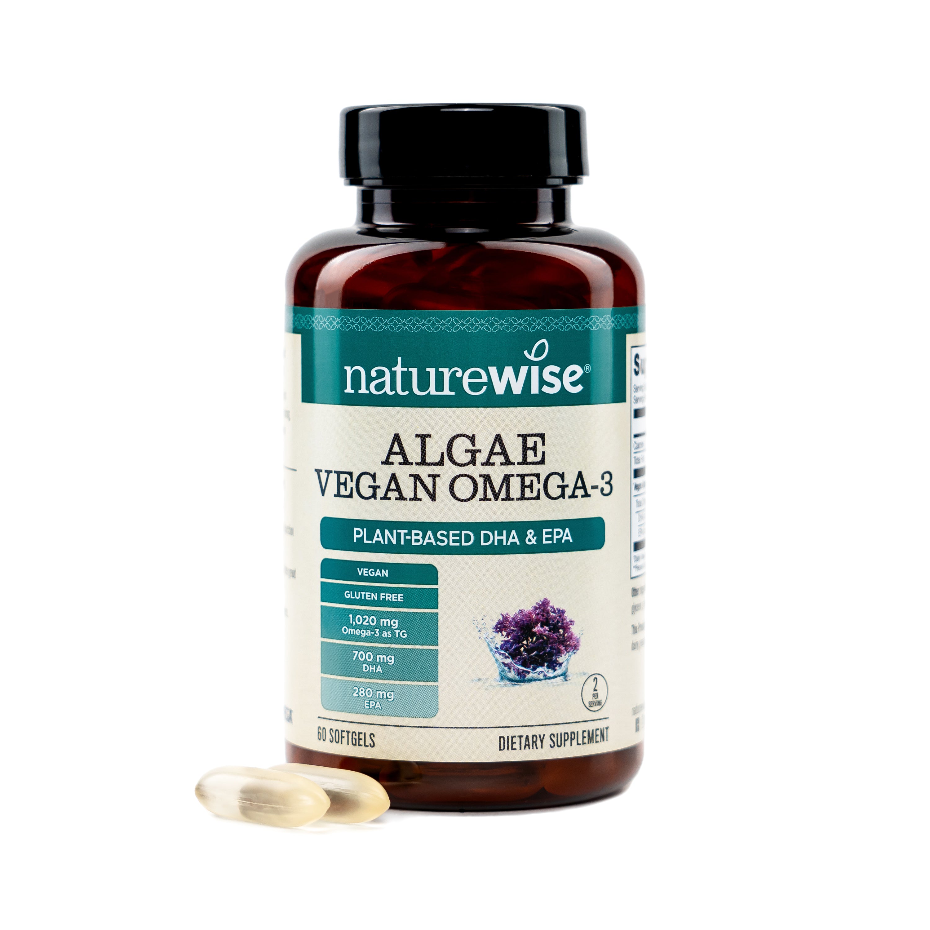 Naturewise Algae Vegan Omega-3 supplement bottle on a white background