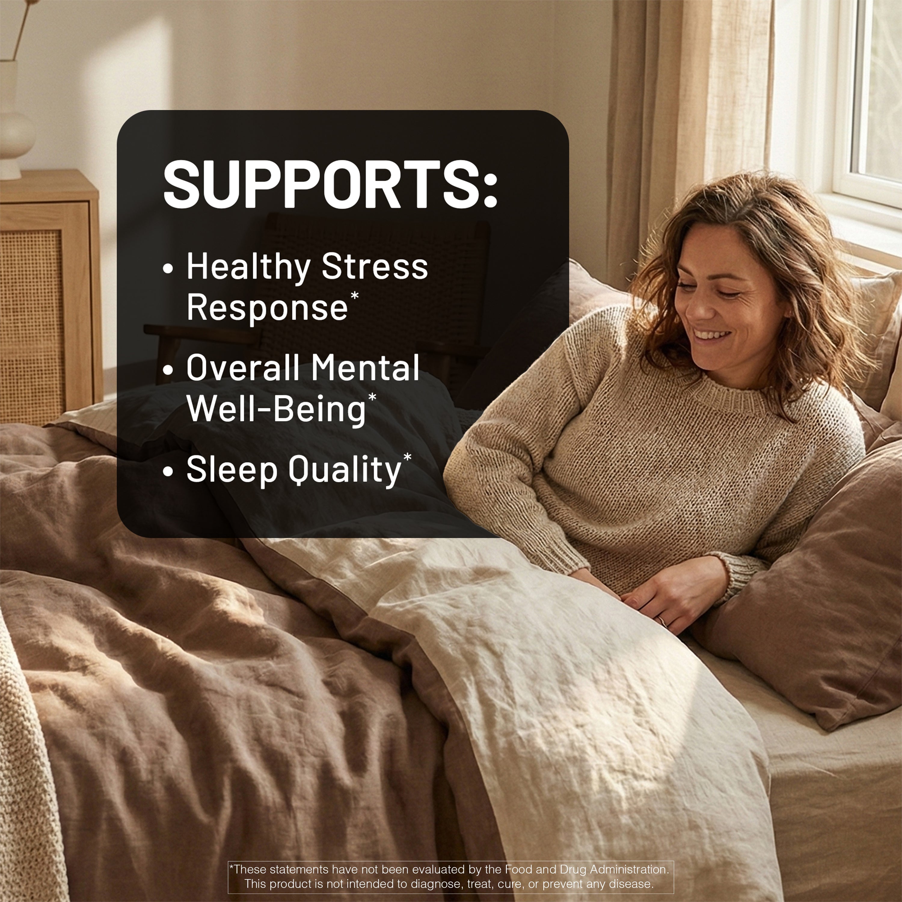 Woman sitting on a bed in a cozy room with text about ashwagandha and stress response, mental well-being, and sleep quality.