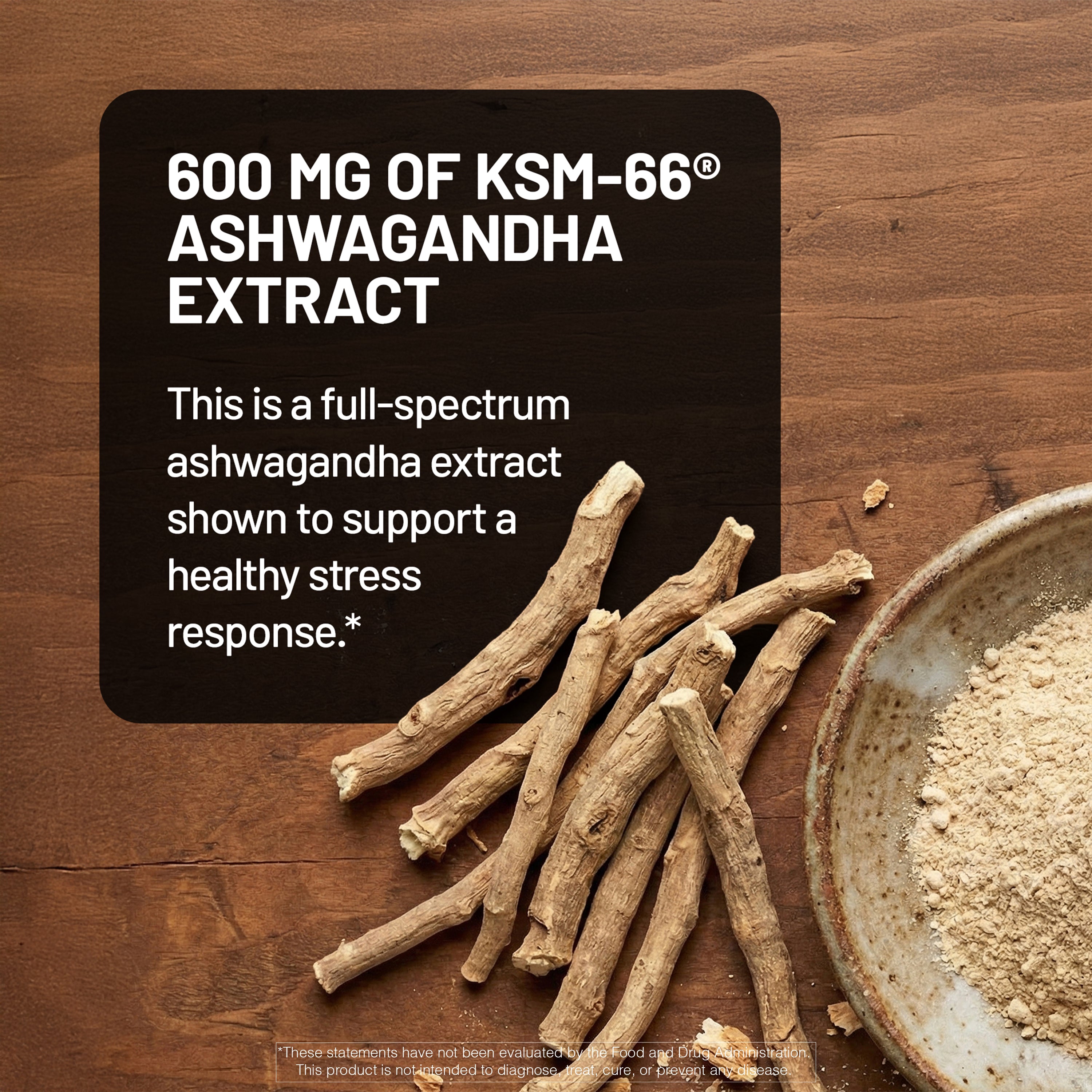 KSM-66 Ashwagandha extract with roots and powder on a wooden surface