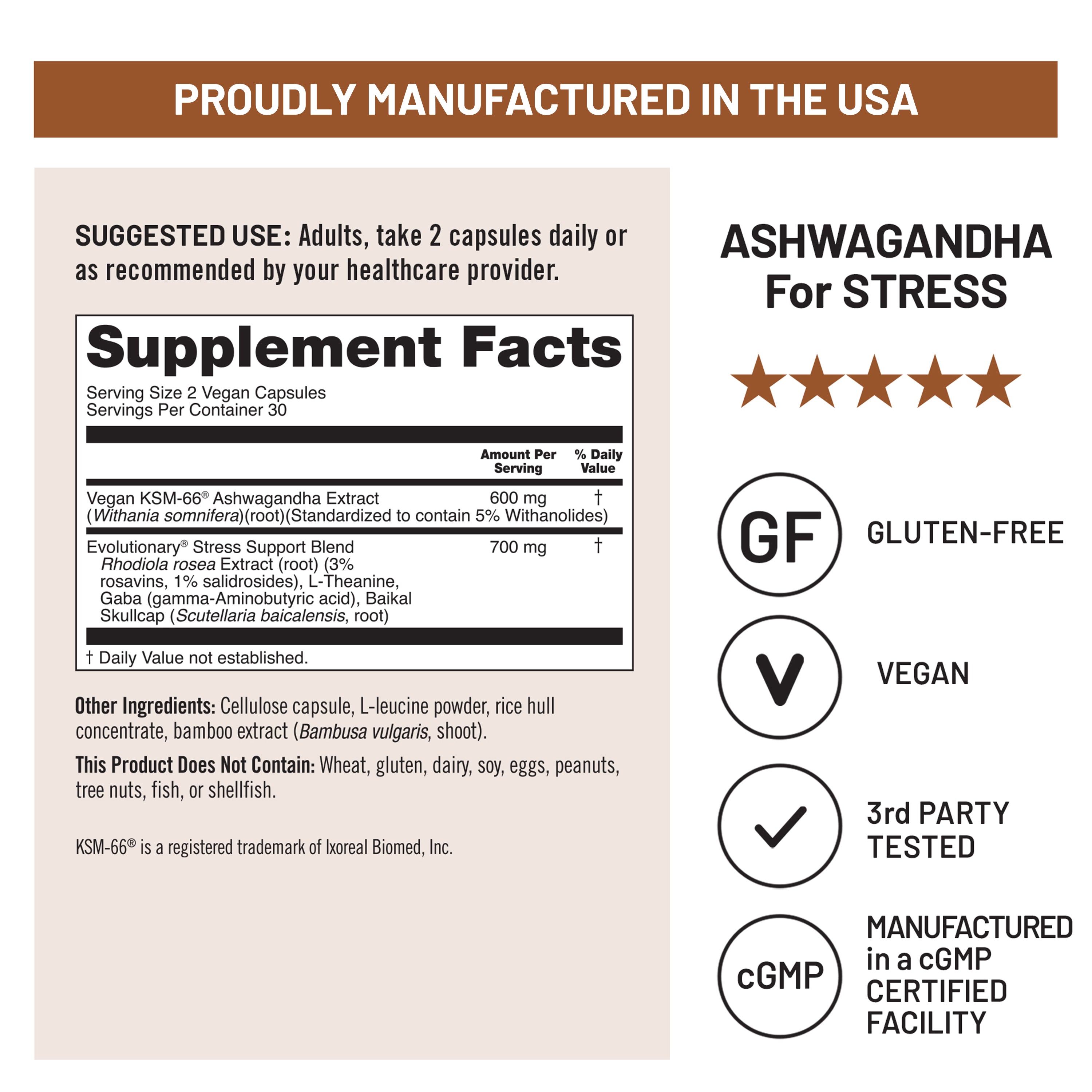 Supplement label for Ashwagandha with certification icons and manufacturing details on a beige background.